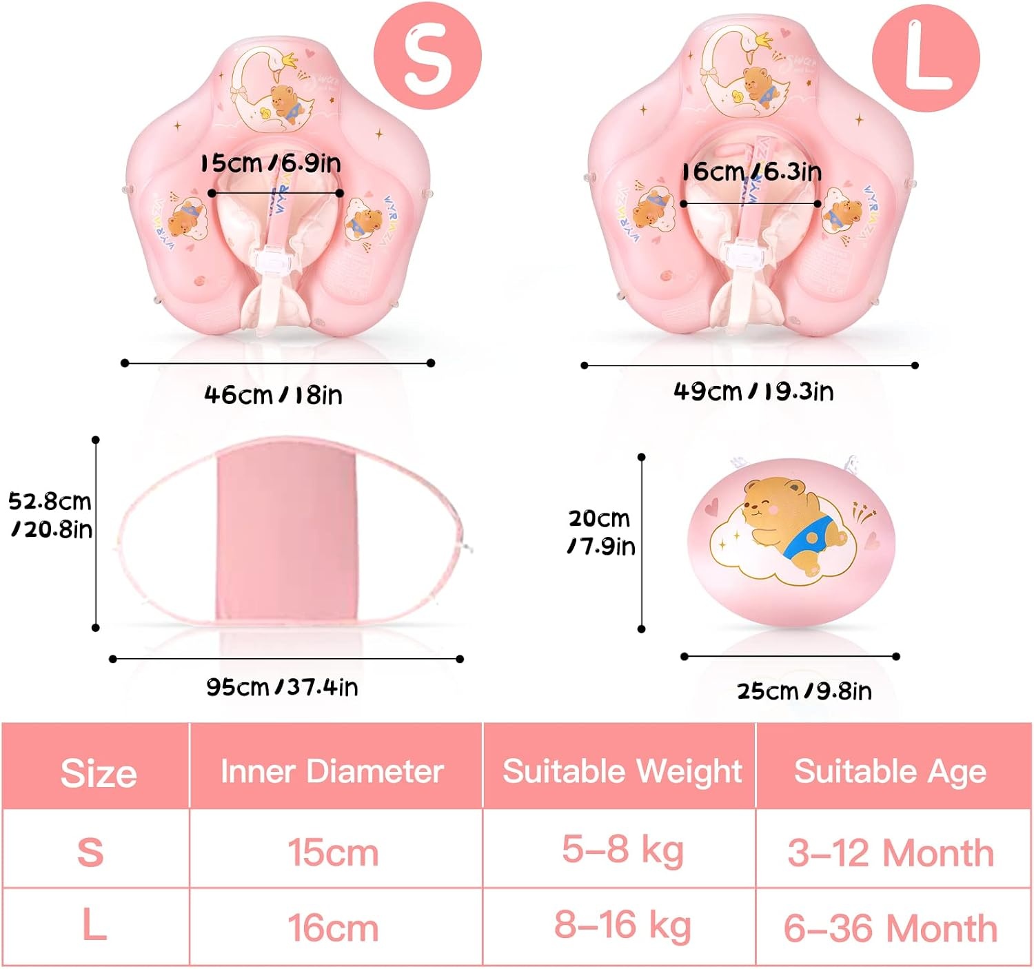 WYRIAZA Baby Zwemband met Zonnekap - Roze - 6-36 Maanden