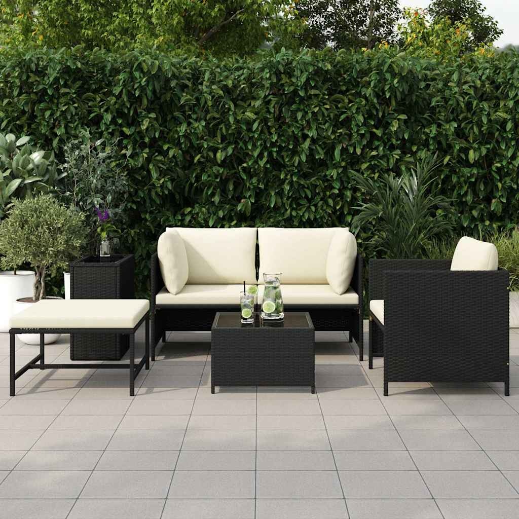 vidaXL 4-delige Loungeset met kussens poly rattan zwart