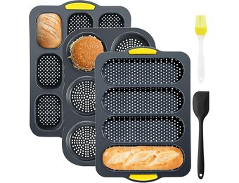 LYCN 5 stuks siliconen bakvormen, 4, 6, 9 bakvormen, hamburgervorm, hot dog, broodjesvorm, baguettevorm, muffinvorm met deegschraper en bakborstel voor brood, sandwich, oven, vaatwasser, magnetron