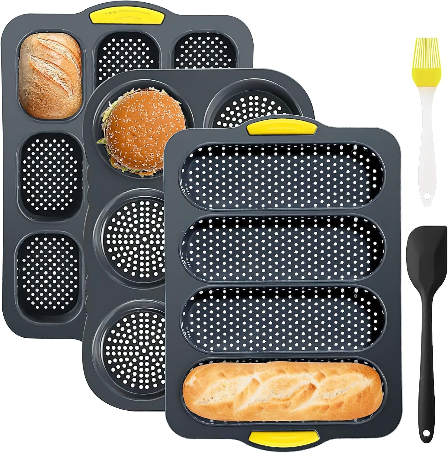 LYCN 5 stuks siliconen bakvormen, 4, 6, 9 bakvormen, hamburgervorm, hot dog, broodjesvorm, baguettevorm, muffinvorm met deegschraper en bakborstel voor brood, sandwich, oven, vaatwasser, magnetron