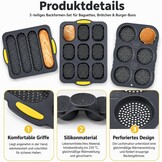 LYCN 5 stuks siliconen bakvormen, 4, 6, 9 bakvormen, hamburgervorm, hot dog, broodjesvorm, baguettevorm, muffinvorm met deegschraper en bakborstel voor brood, sandwich, oven, vaatwasser, magnetron