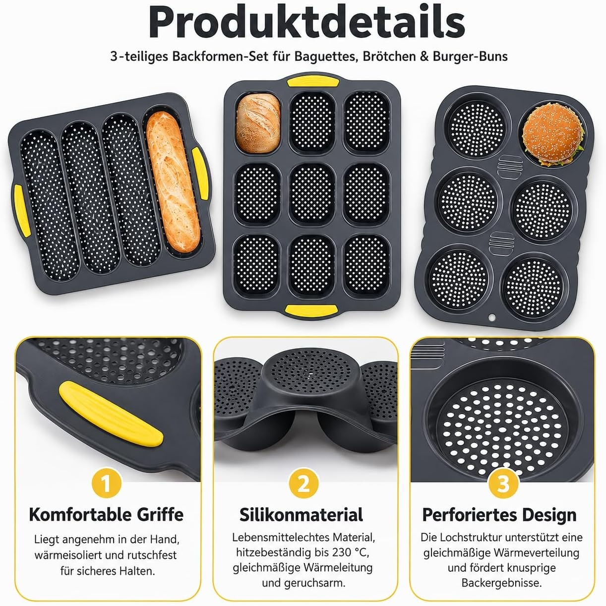 LYCN 5 stuks siliconen bakvormen, 4, 6, 9 bakvormen, hamburgervorm, hot dog, broodjesvorm, baguettevorm, muffinvorm met deegschraper en bakborstel voor brood, sandwich, oven, vaatwasser, magnetron