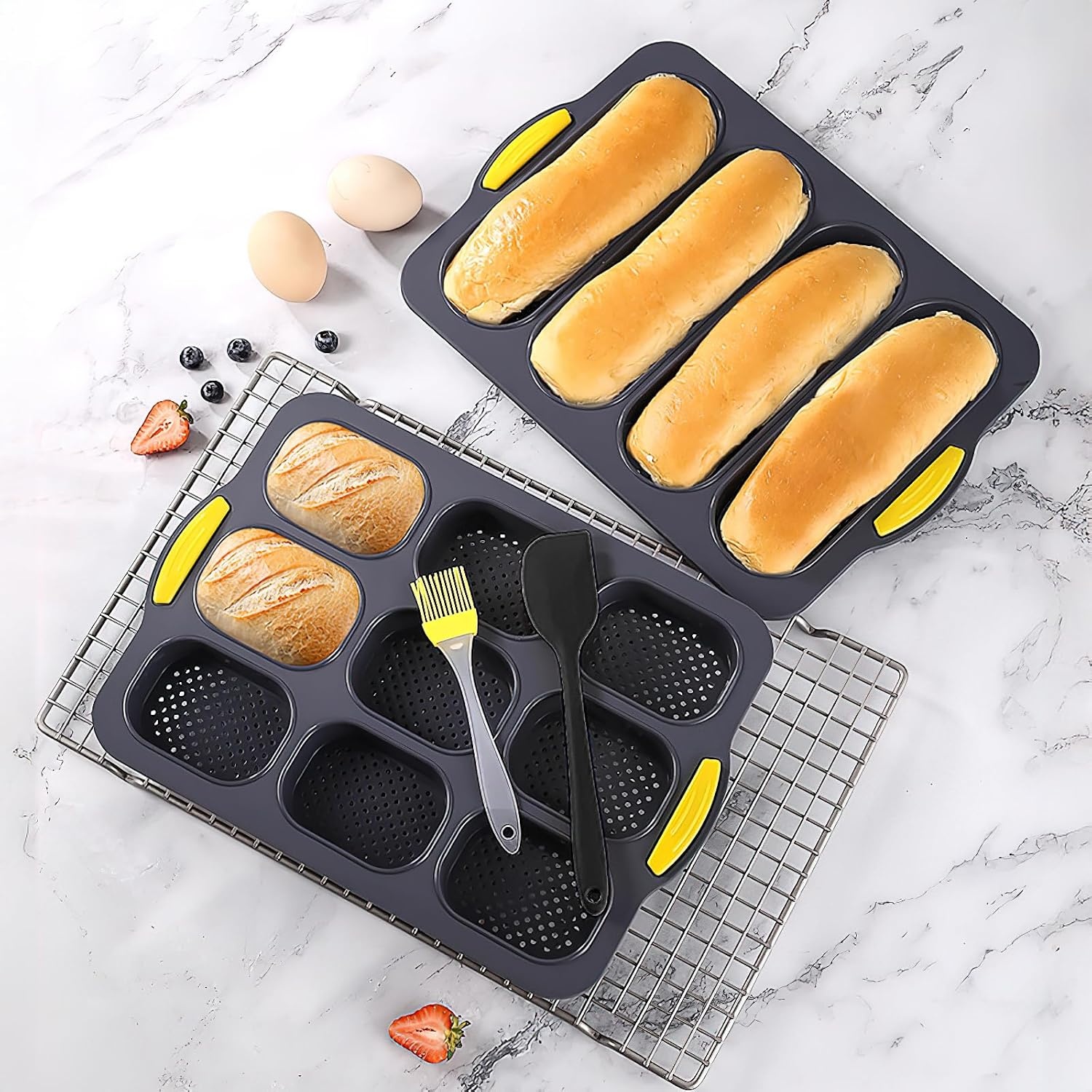 LYCN 5 stuks siliconen bakvormen, 4, 6, 9 bakvormen, hamburgervorm, hot dog, broodjesvorm, baguettevorm, muffinvorm met deegschraper en bakborstel voor brood, sandwich, oven, vaatwasser, magnetron