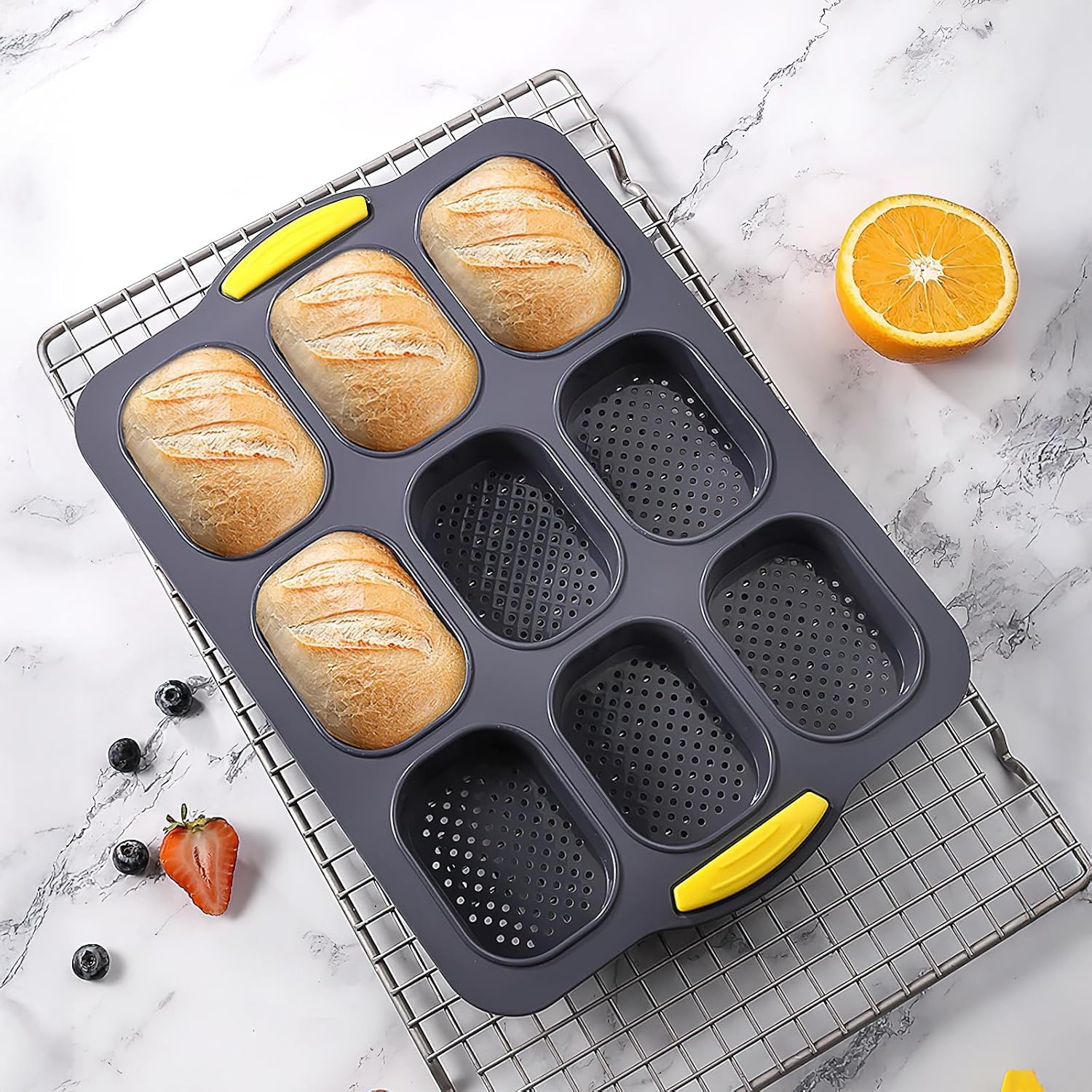 LYCN 5 stuks siliconen bakvormen, 4, 6, 9 bakvormen, hamburgervorm, hot dog, broodjesvorm, baguettevorm, muffinvorm met deegschraper en bakborstel voor brood, sandwich, oven, vaatwasser, magnetron