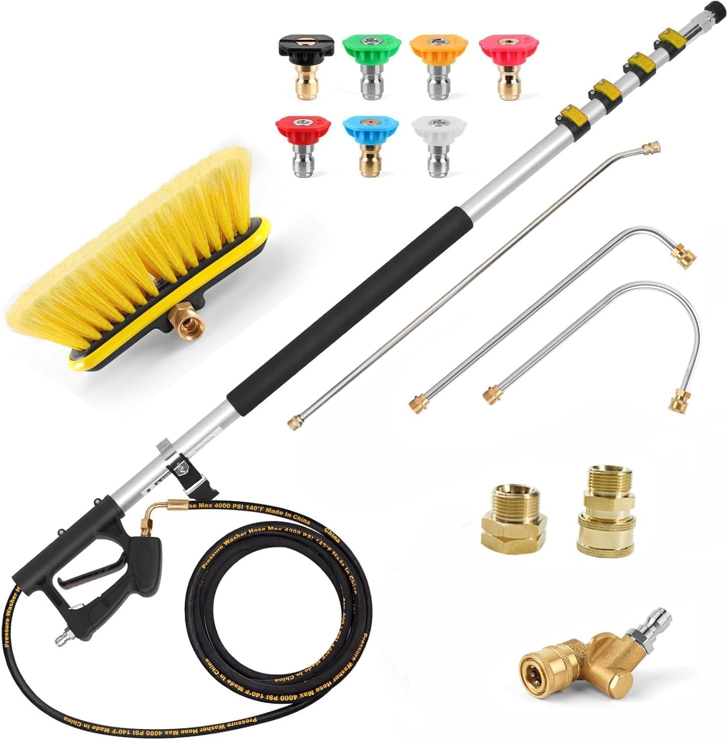 Telescoop straalslang, hoge drukreiniger 6,4 m, met dakgootreinigingsapparaat, borstelkop, 7 mondstukken en slangadapters, voor muur dakgoot