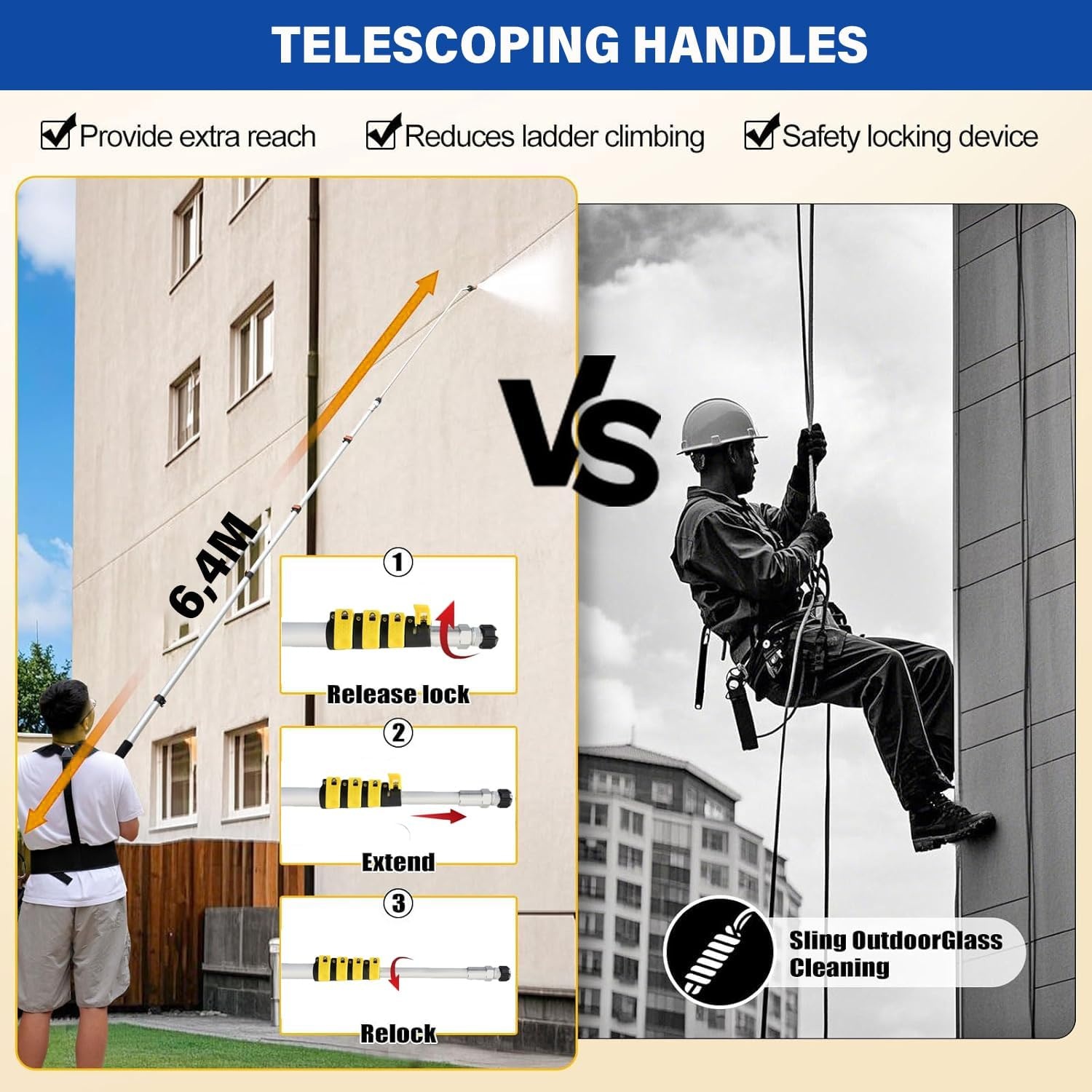 Telescoop straalslang, hoge drukreiniger 6,4 m, met dakgootreinigingsapparaat, borstelkop, 7 mondstukken en slangadapters, voor muur dakgoot