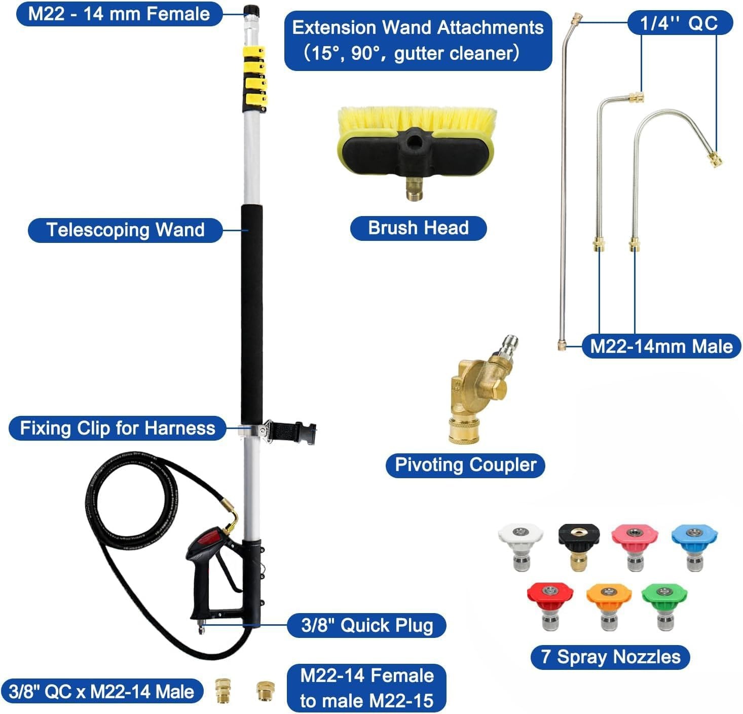 Telescoop straalslang, hoge drukreiniger 6,4 m, met dakgootreinigingsapparaat, borstelkop, 7 mondstukken en slangadapters, voor muur dakgoot
