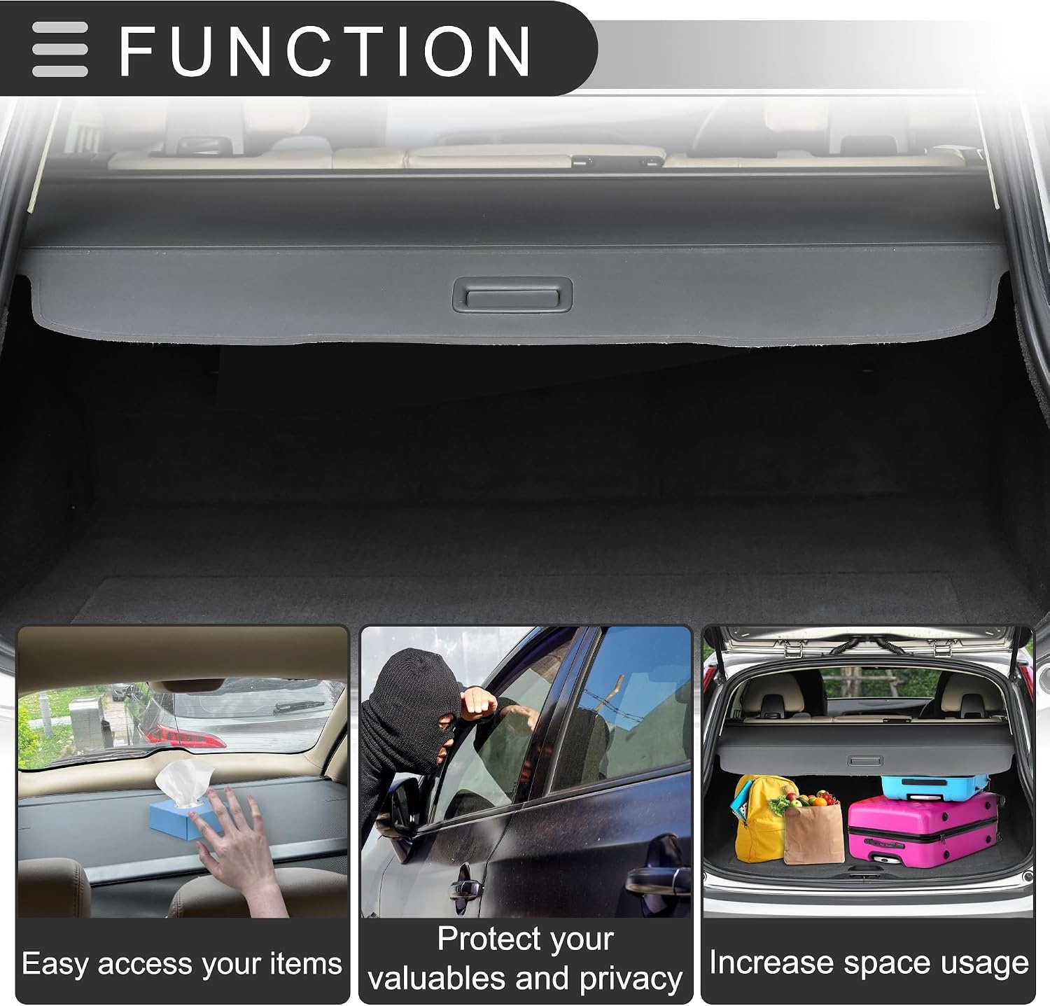 Motoforti Car Retractable Cargo Cover Voor Infiniti QX50 2019-2024 Achterbak Pakplank Bagage Beveiligingsscherm Shade, Canvas, Glanzend Zwart