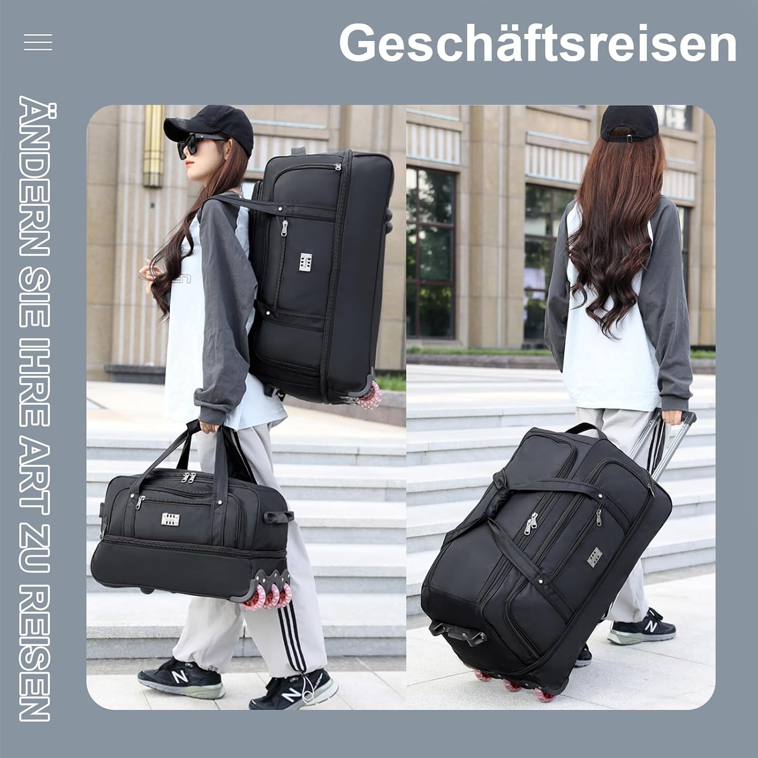 3-in-1 reistas met wieltjes, groot (handtassen, rugzakken + trolley, 3 wielen), 80 liter, sporttas met wielen, uitbreidbaar, voor dames en heren, zwart, 3 kg