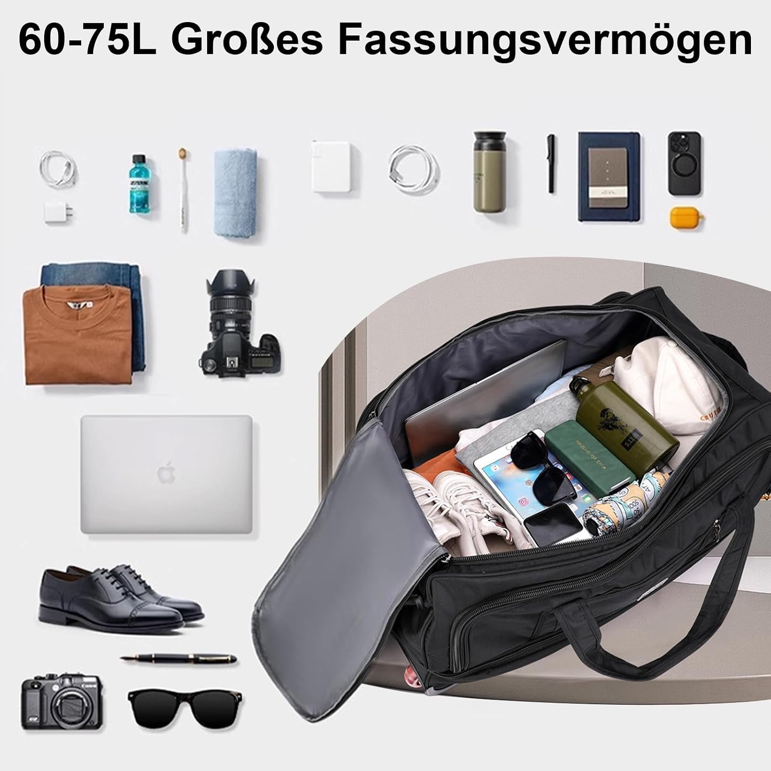 3-in-1 reistas met wieltjes, groot (handtassen, rugzakken + trolley, 3 wielen), 80 liter, sporttas met wielen, uitbreidbaar, voor dames en heren, zwart, 3 kg