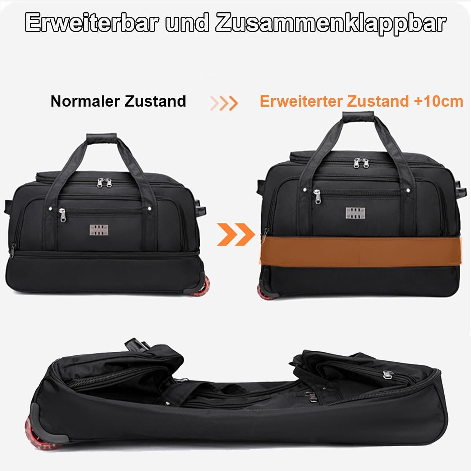 3-in-1 reistas met wieltjes, groot (handtassen, rugzakken + trolley, 3 wielen), 80 liter, sporttas met wielen, uitbreidbaar, voor dames en heren, zwart, 3 kg