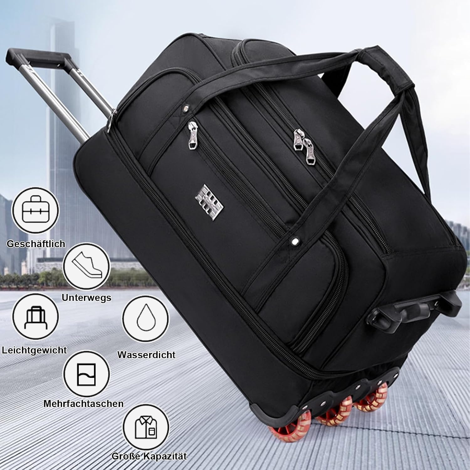 3-in-1 reistas met wieltjes, groot (handtassen, rugzakken + trolley, 3 wielen), 80 liter, sporttas met wielen, uitbreidbaar, voor dames en heren, zwart, 3 kg