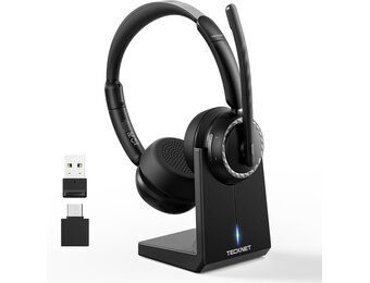 TECKNET V5.3 Bluetooth-headset met microfoon, draadloze headset met AI ruisonderdrukkende microfoon, laadstation, USB-dongle, 55+ uur accu, oplaadbare on-ear hoofdtelefoon voor kantoor, thuis