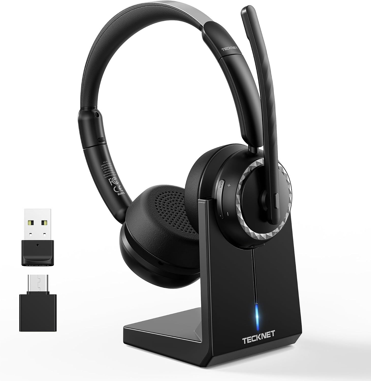 TECKNET V5.3 Bluetooth-headset met microfoon, draadloze headset met AI ruisonderdrukkende microfoon, laadstation, USB-dongle, 55+ uur accu, oplaadbare on-ear hoofdtelefoon voor kantoor, thuis