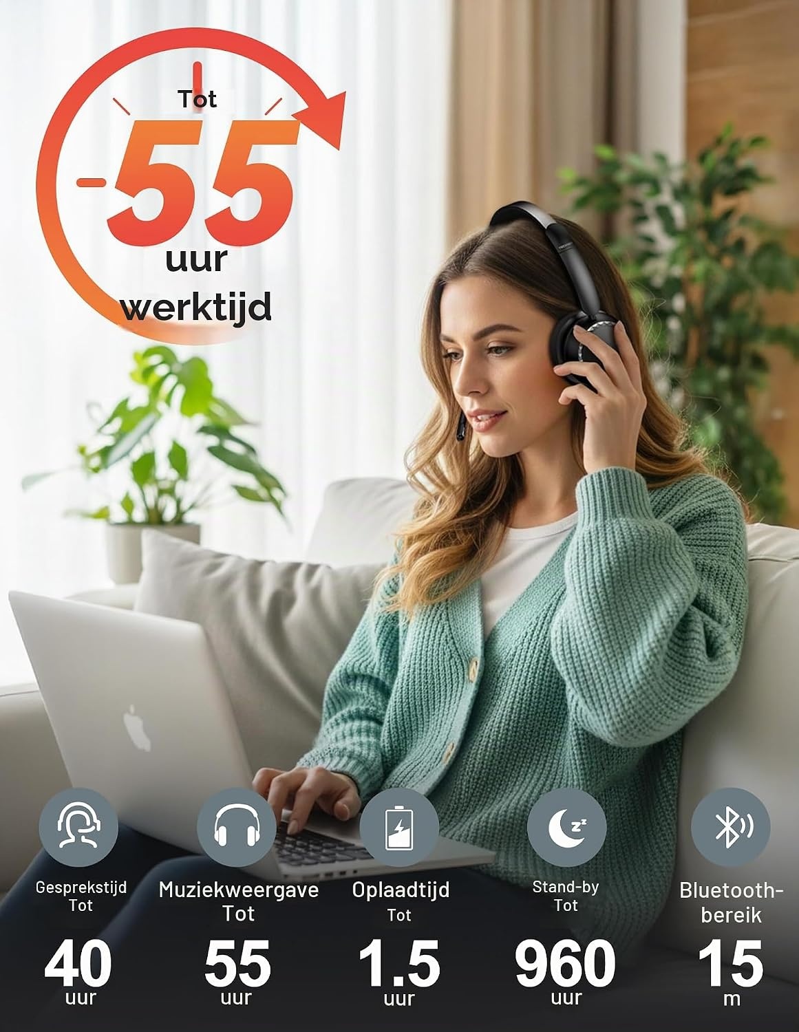 TECKNET V5.3 Bluetooth-headset met microfoon, draadloze headset met AI ruisonderdrukkende microfoon, laadstation, USB-dongle, 55+ uur accu, oplaadbare on-ear hoofdtelefoon voor kantoor, thuis