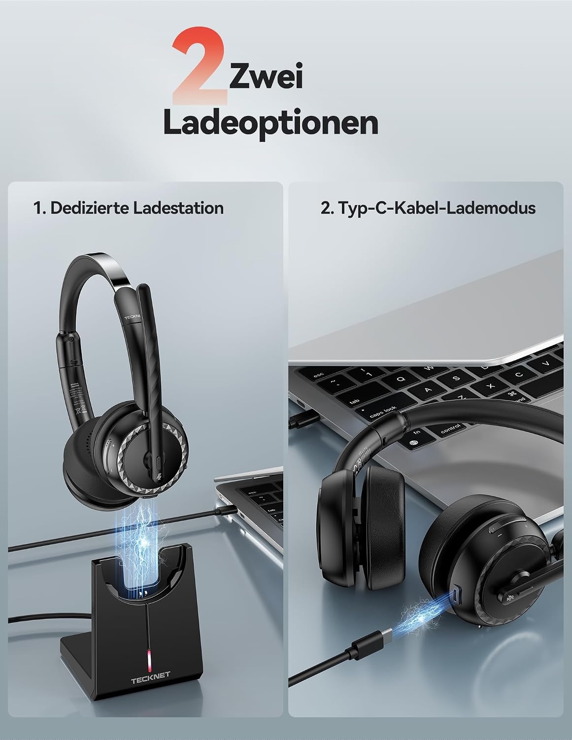 TECKNET V5.3 Bluetooth-headset met microfoon, draadloze headset met AI ruisonderdrukkende microfoon, laadstation, USB-dongle, 55+ uur accu, oplaadbare on-ear hoofdtelefoon voor kantoor, thuis
