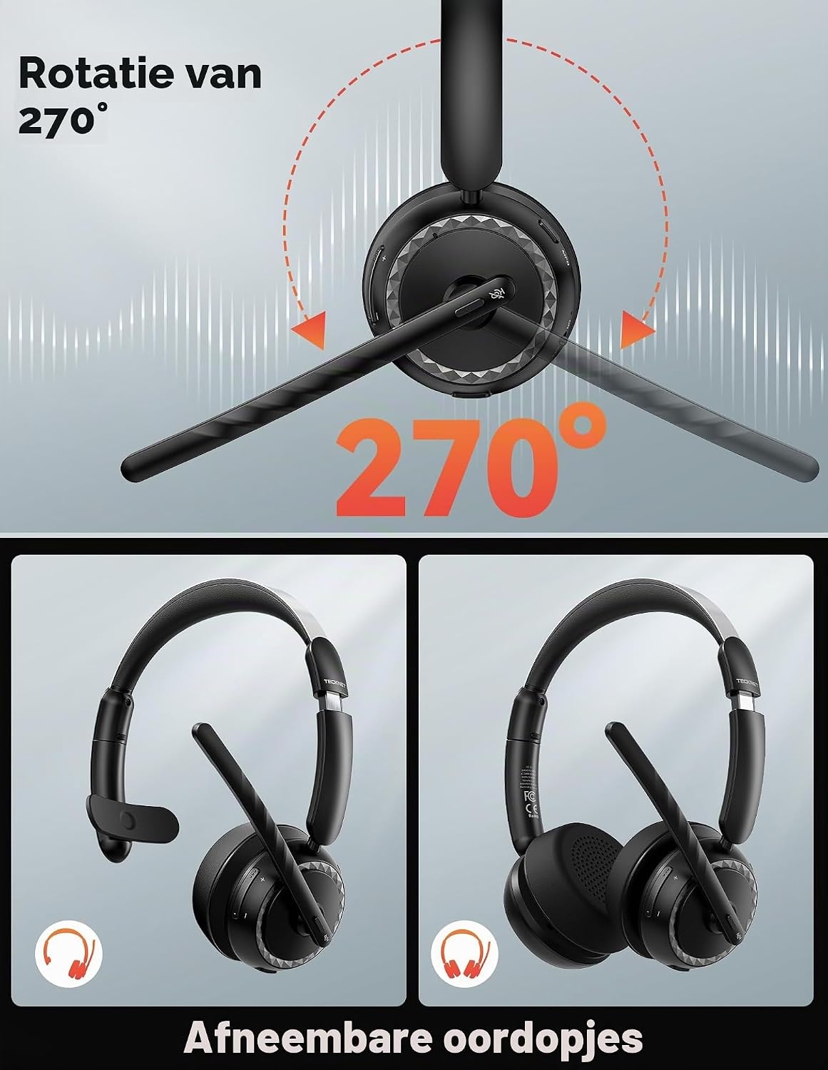 TECKNET V5.3 Bluetooth-headset met microfoon, draadloze headset met AI ruisonderdrukkende microfoon, laadstation, USB-dongle, 55+ uur accu, oplaadbare on-ear hoofdtelefoon voor kantoor, thuis