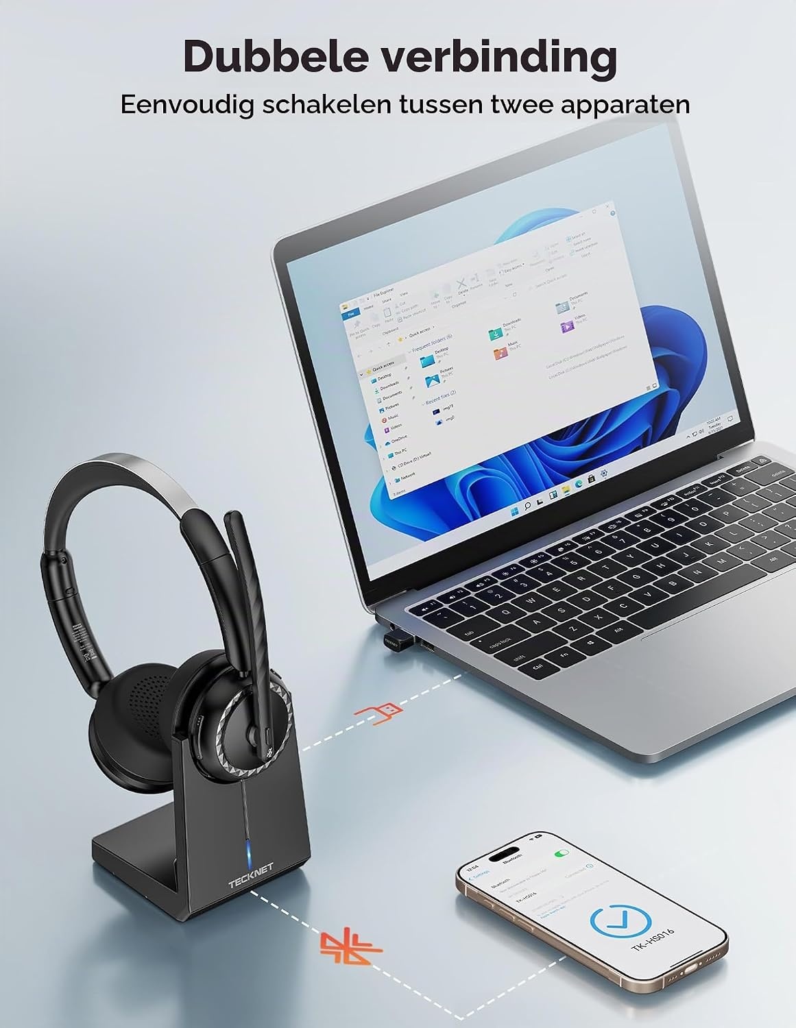 TECKNET V5.3 Bluetooth-headset met microfoon, draadloze headset met AI ruisonderdrukkende microfoon, laadstation, USB-dongle, 55+ uur accu, oplaadbare on-ear hoofdtelefoon voor kantoor, thuis