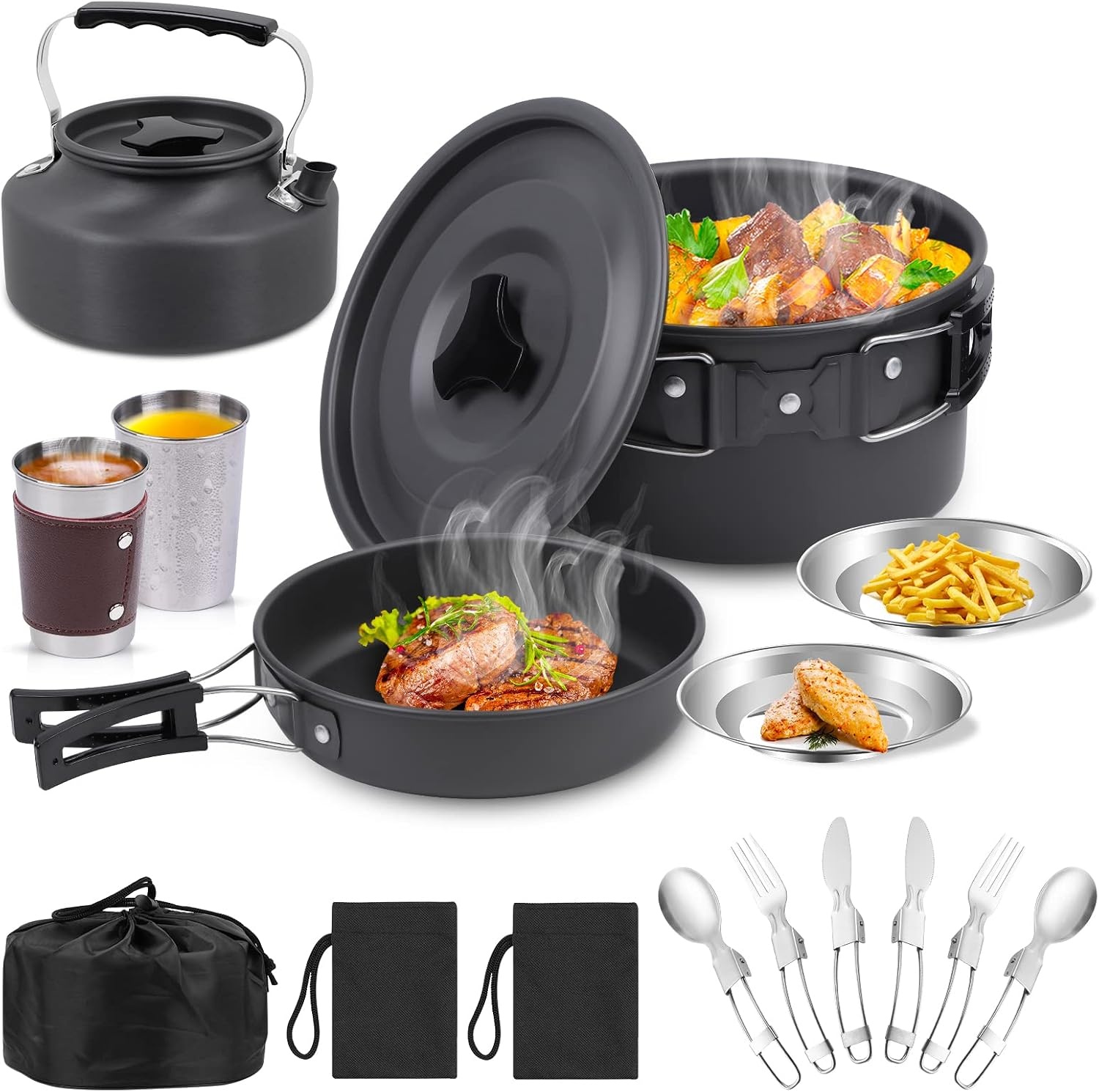 Campingkookgerei, set outdoor servies, opvouwbare kookpannenset, steelpan, pan, theepot voor outdoor, picknick, camping, wandelen