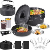 Campingkookgerei, set outdoor servies, opvouwbare kookpannenset, steelpan, pan, theepot voor outdoor, picknick, camping, wandelen