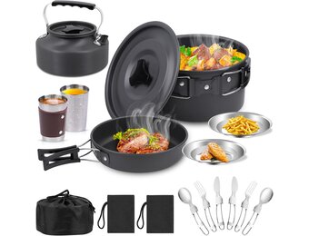 Campingkookgerei, set outdoor servies, opvouwbare kookpannenset, steelpan, pan, theepot voor outdoor, picknick, camping, wandelen