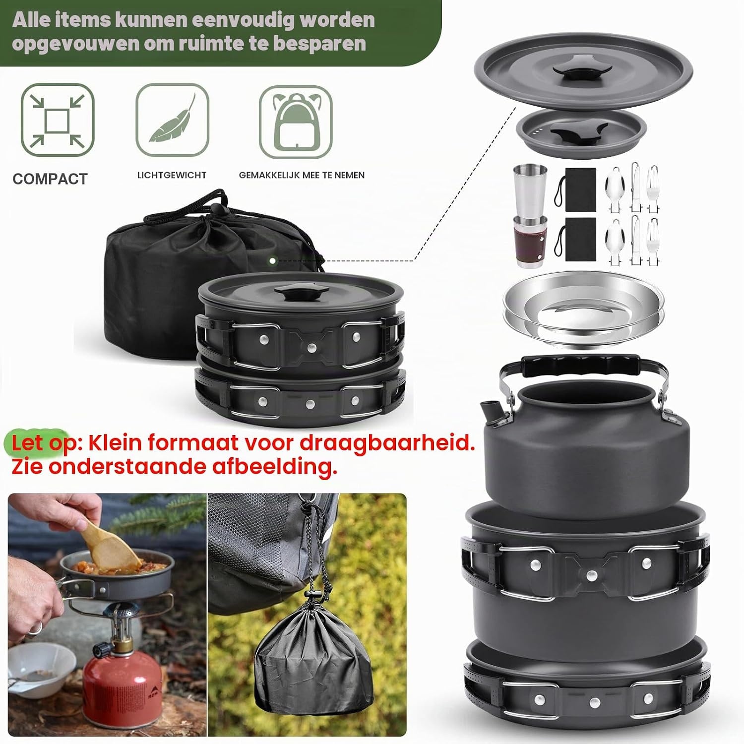 Campingkookgerei, set outdoor servies, opvouwbare kookpannenset, steelpan, pan, theepot voor outdoor, picknick, camping, wandelen