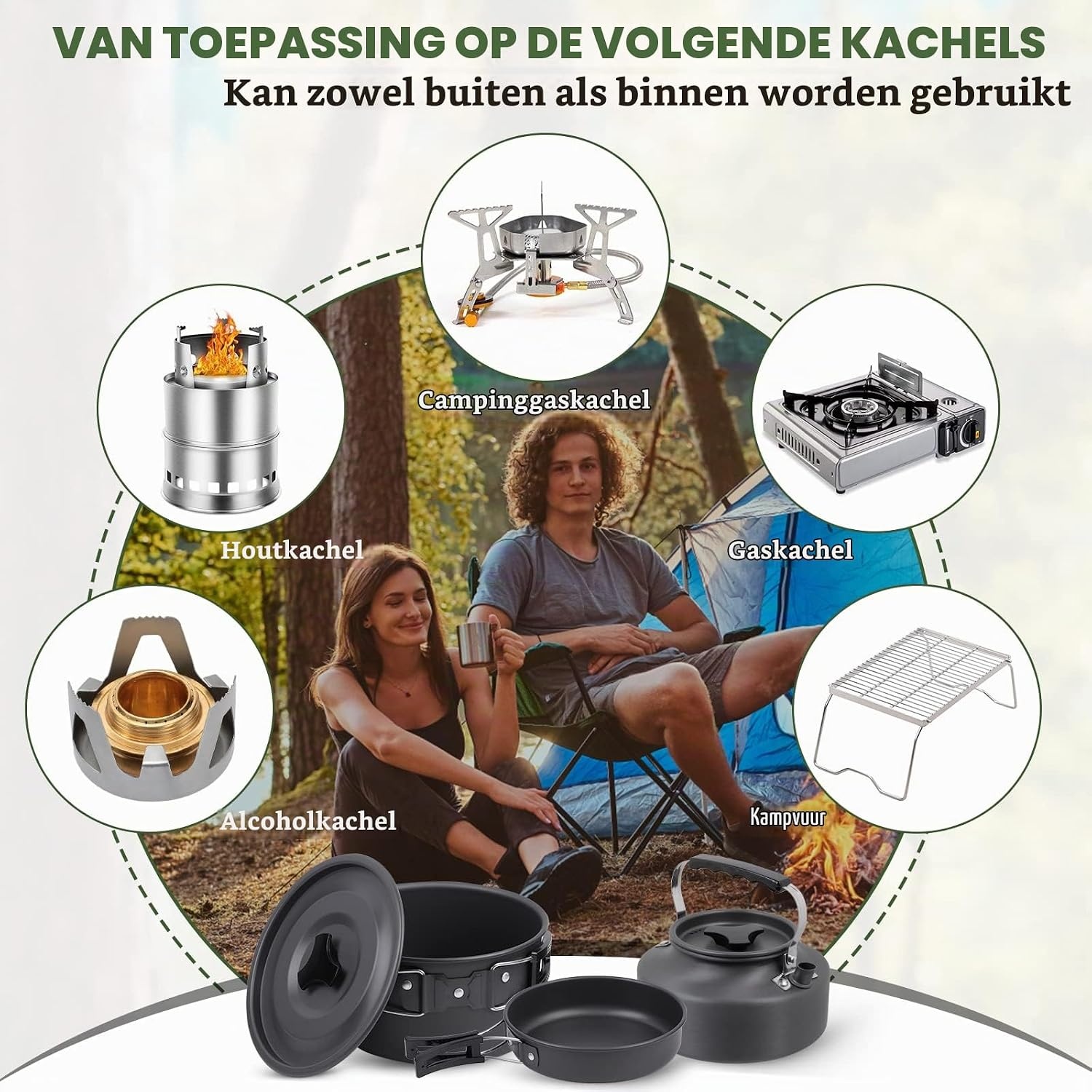 Campingkookgerei, set outdoor servies, opvouwbare kookpannenset, steelpan, pan, theepot voor outdoor, picknick, camping, wandelen