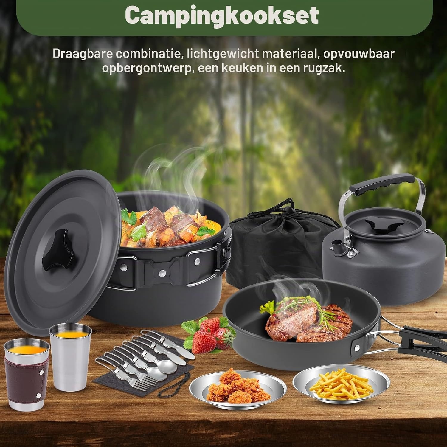 Campingkookgerei, set outdoor servies, opvouwbare kookpannenset, steelpan, pan, theepot voor outdoor, picknick, camping, wandelen