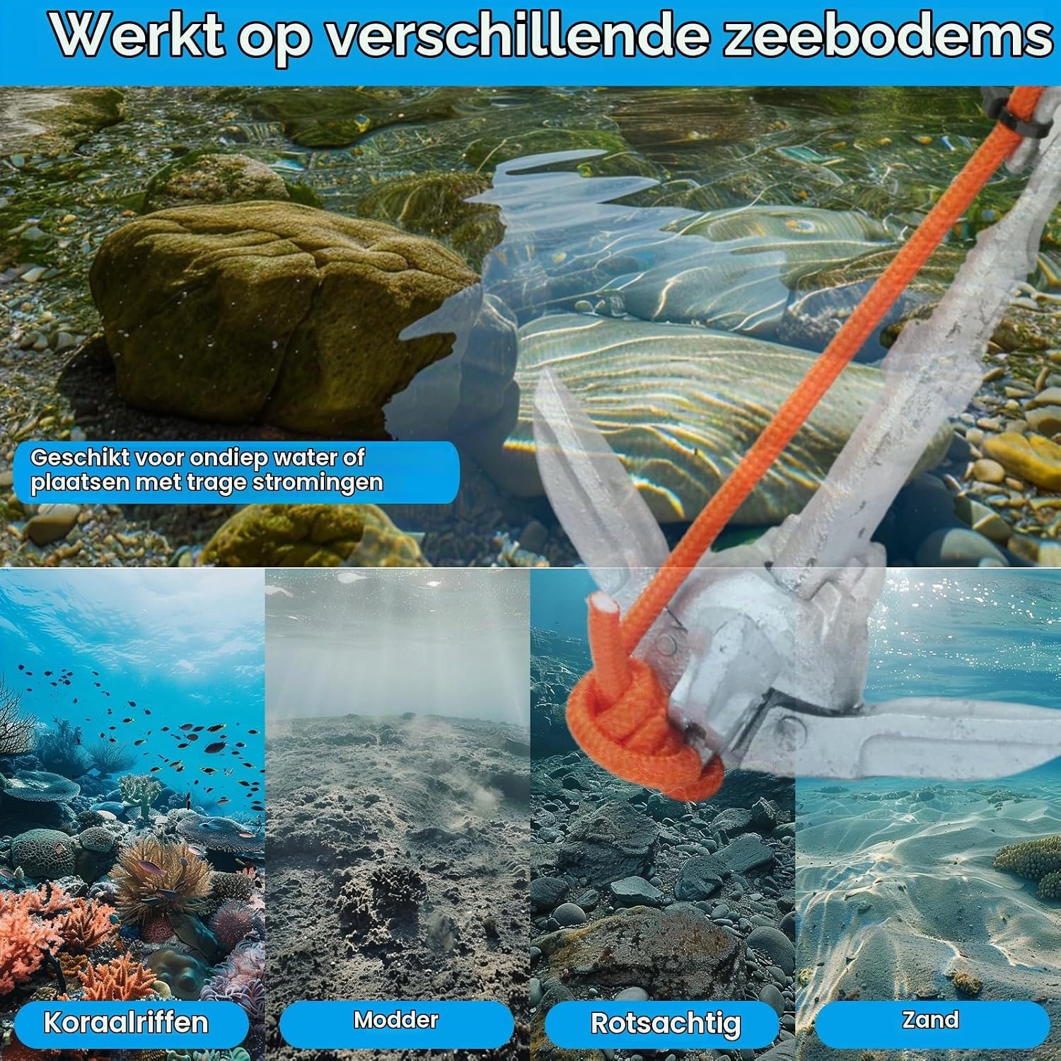 BeGrit Anker met anker, 0,7kg, gegalvaniseerd ankerset met 10 m scheurvaste ankertouw ø 6 mm & ankerbouw bal set