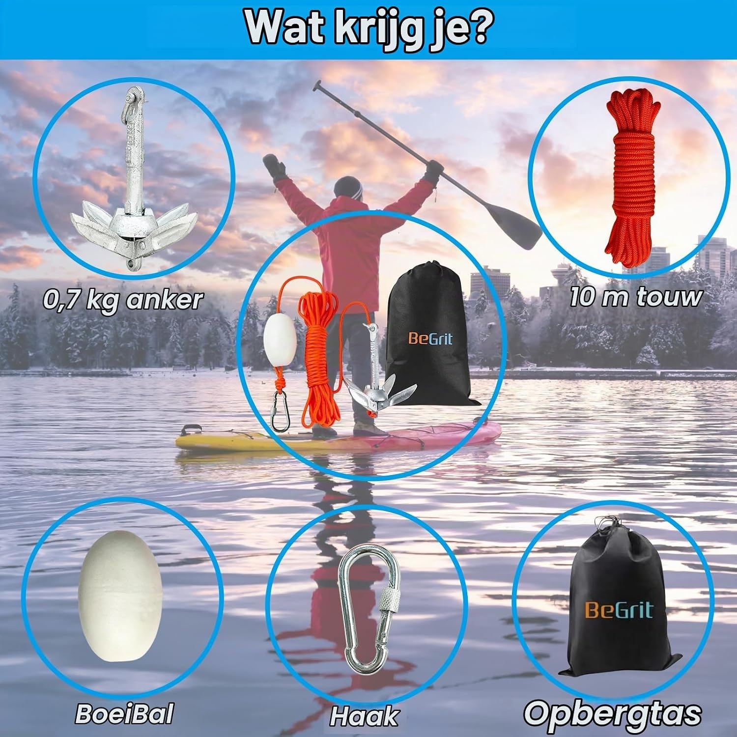 BeGrit Anker met anker, 0,7kg, gegalvaniseerd ankerset met 10 m scheurvaste ankertouw ø 6 mm & ankerbouw bal set