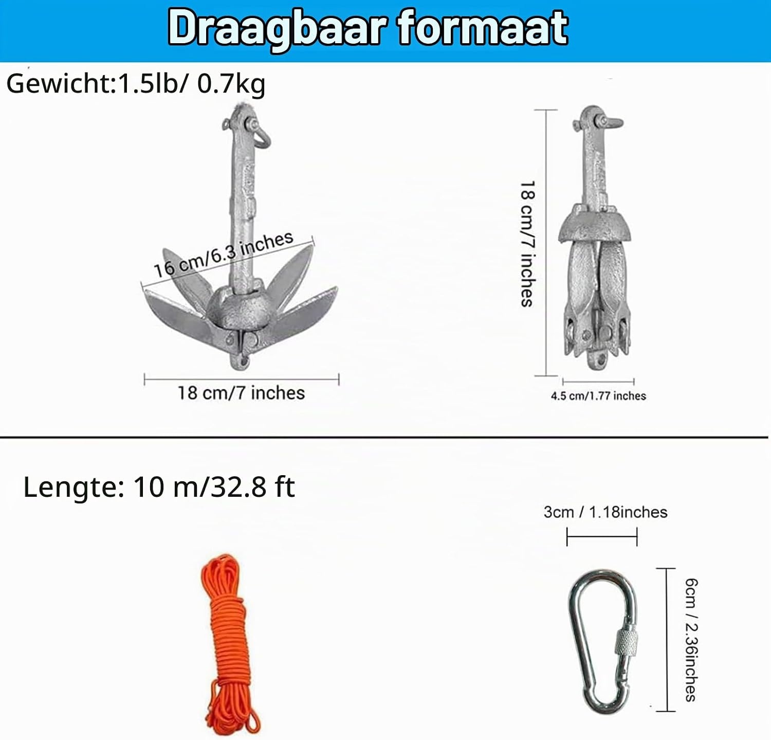 BeGrit Anker met anker, 0,7kg, gegalvaniseerd ankerset met 10 m scheurvaste ankertouw ø 6 mm & ankerbouw bal set