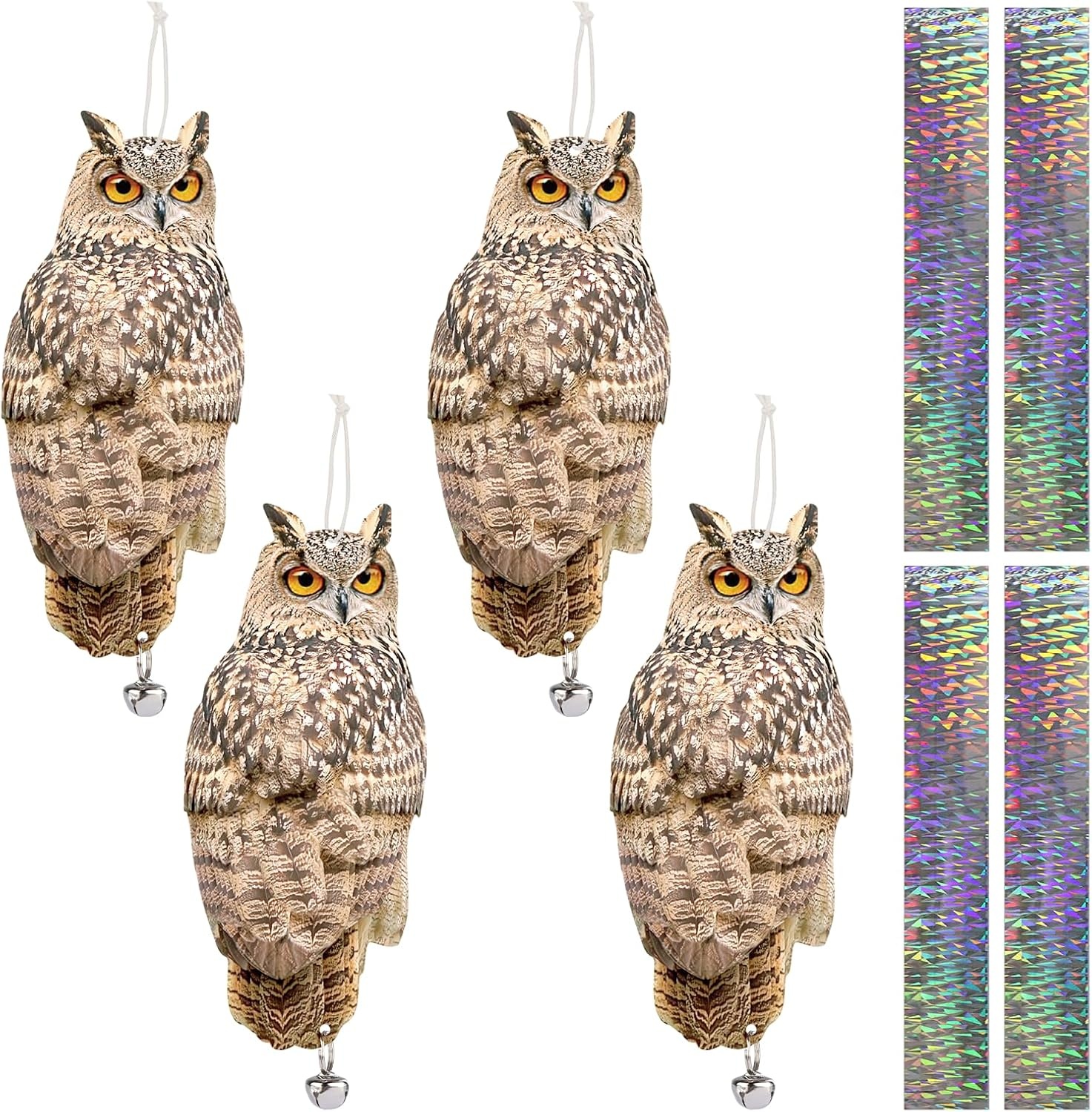 Lifreer 4 STKS Reflecterende Bird Scarer Apparaten Uil Opknoping Decoratie Nep Controle Apparaat met Reflecterende Tape om Vogels Weg Van Tuin Patio Zwembad te schrikken