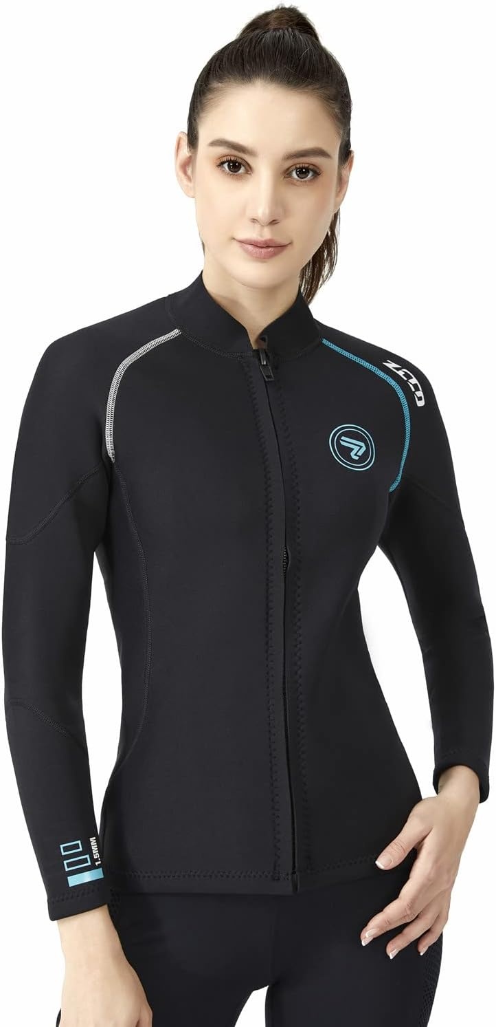 Wetsuit Top heren 1,5 mm neopreen wetsuits jas, rits aan de voorkant lange mouwen duikpak voor zwemmen, snorkelen, duiken, surfen