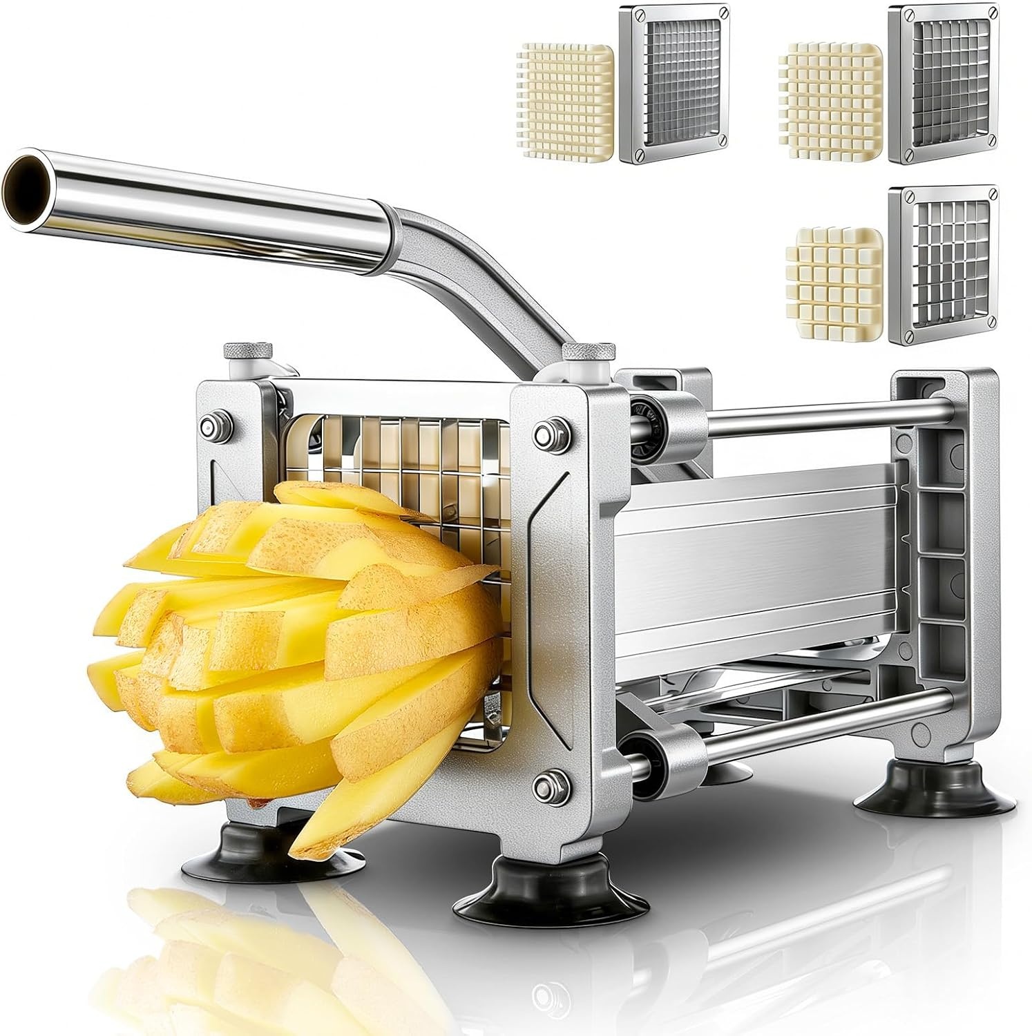 FOHRER Frietsnijder, roestvrij staal, professionele handmatige aardappelsnijder met 13, 9, 6 mm messen van roestvrij staal, frietsnijder voor hele aardappelen, wortelen, komkommers, uien, zilver