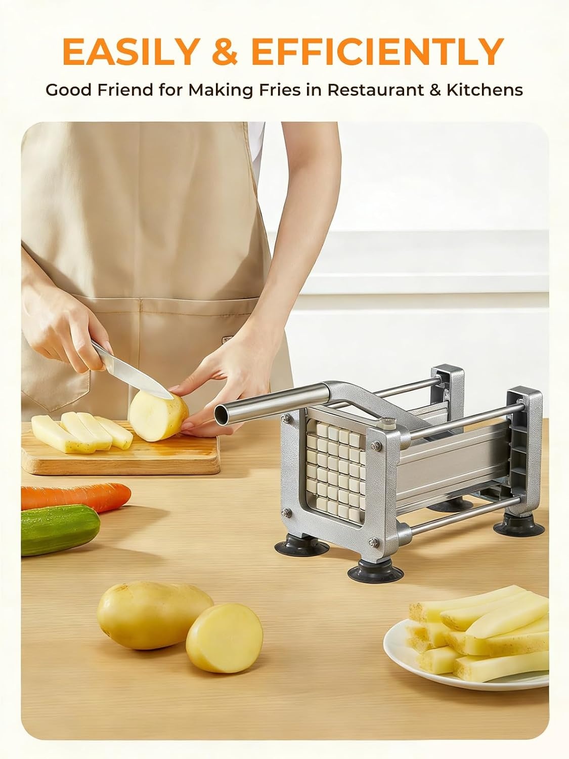 FOHRER Frietsnijder, roestvrij staal, professionele handmatige aardappelsnijder met 13, 9, 6 mm messen van roestvrij staal, frietsnijder voor hele aardappelen, wortelen, komkommers, uien, zilver