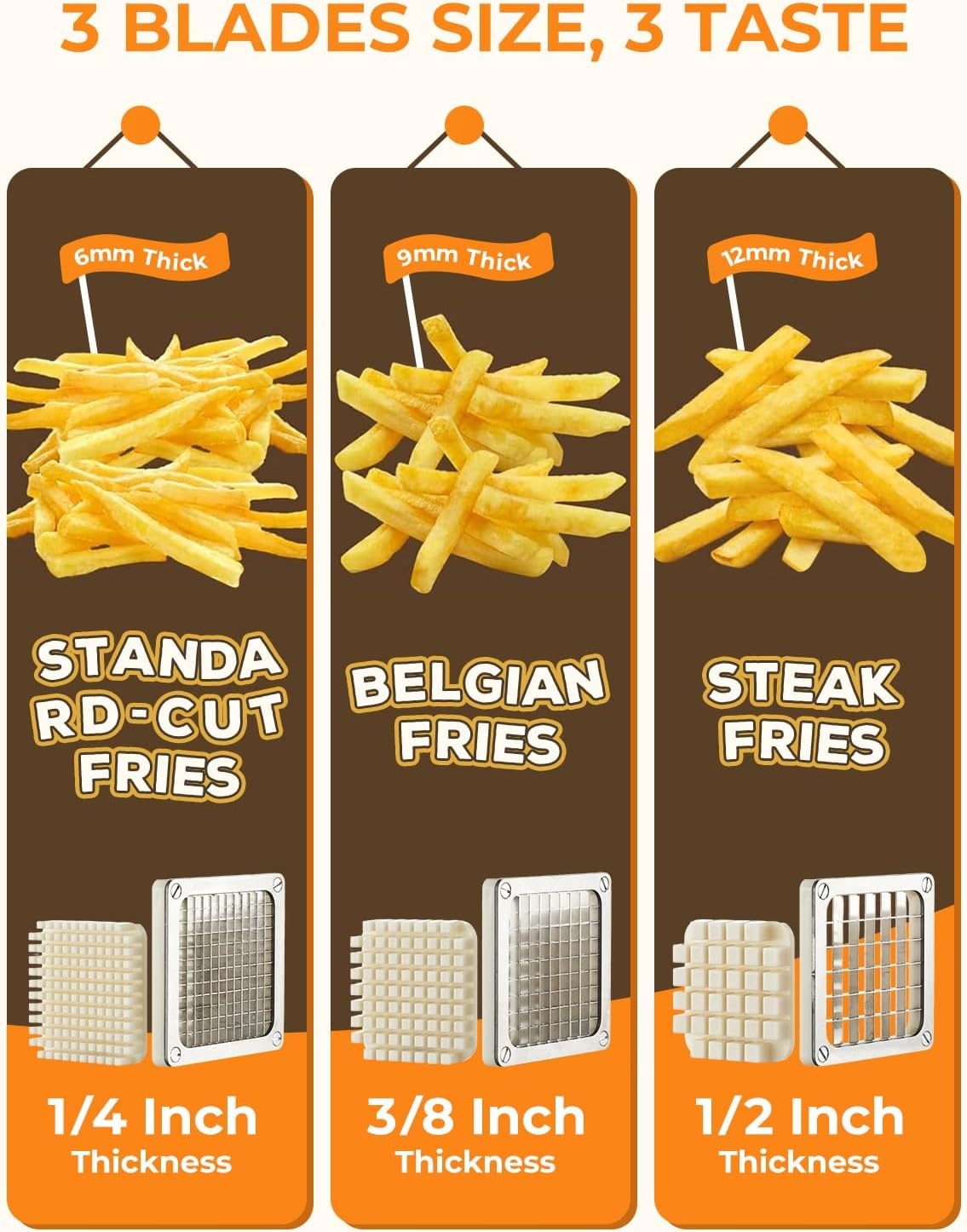 FOHRER Frietsnijder, roestvrij staal, professionele handmatige aardappelsnijder met 13, 9, 6 mm messen van roestvrij staal, frietsnijder voor hele aardappelen, wortelen, komkommers, uien, zilver
