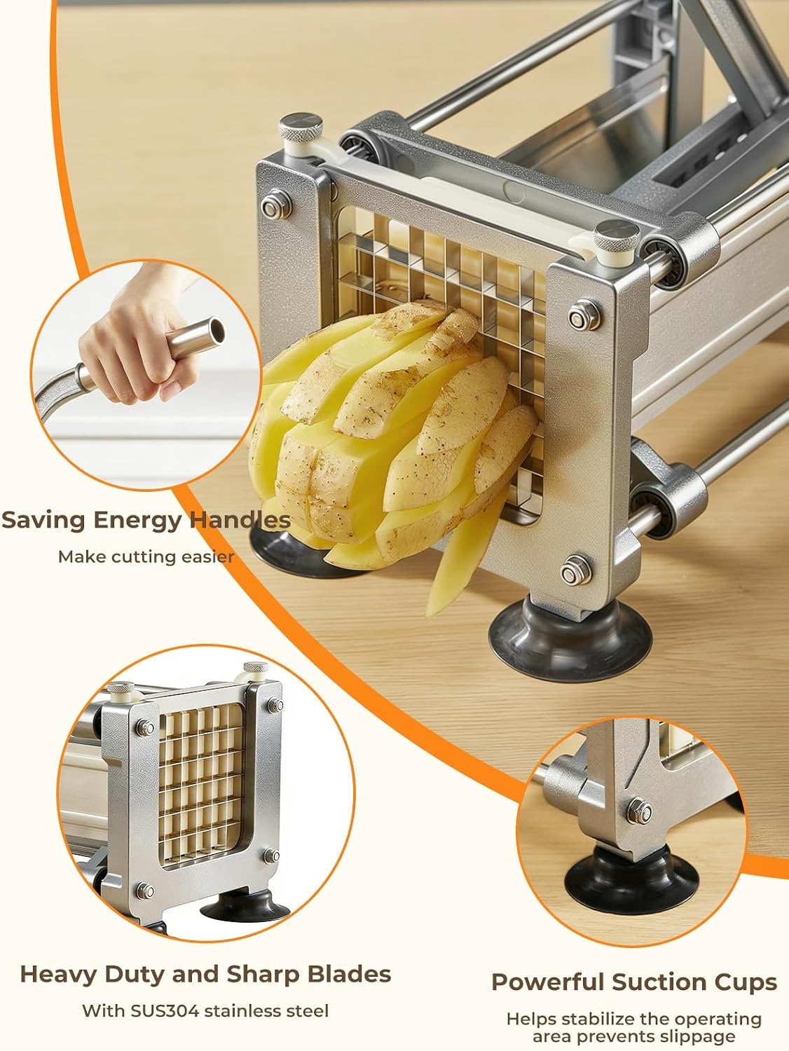 FOHRER Frietsnijder, roestvrij staal, professionele handmatige aardappelsnijder met 13, 9, 6 mm messen van roestvrij staal, frietsnijder voor hele aardappelen, wortelen, komkommers, uien, zilver