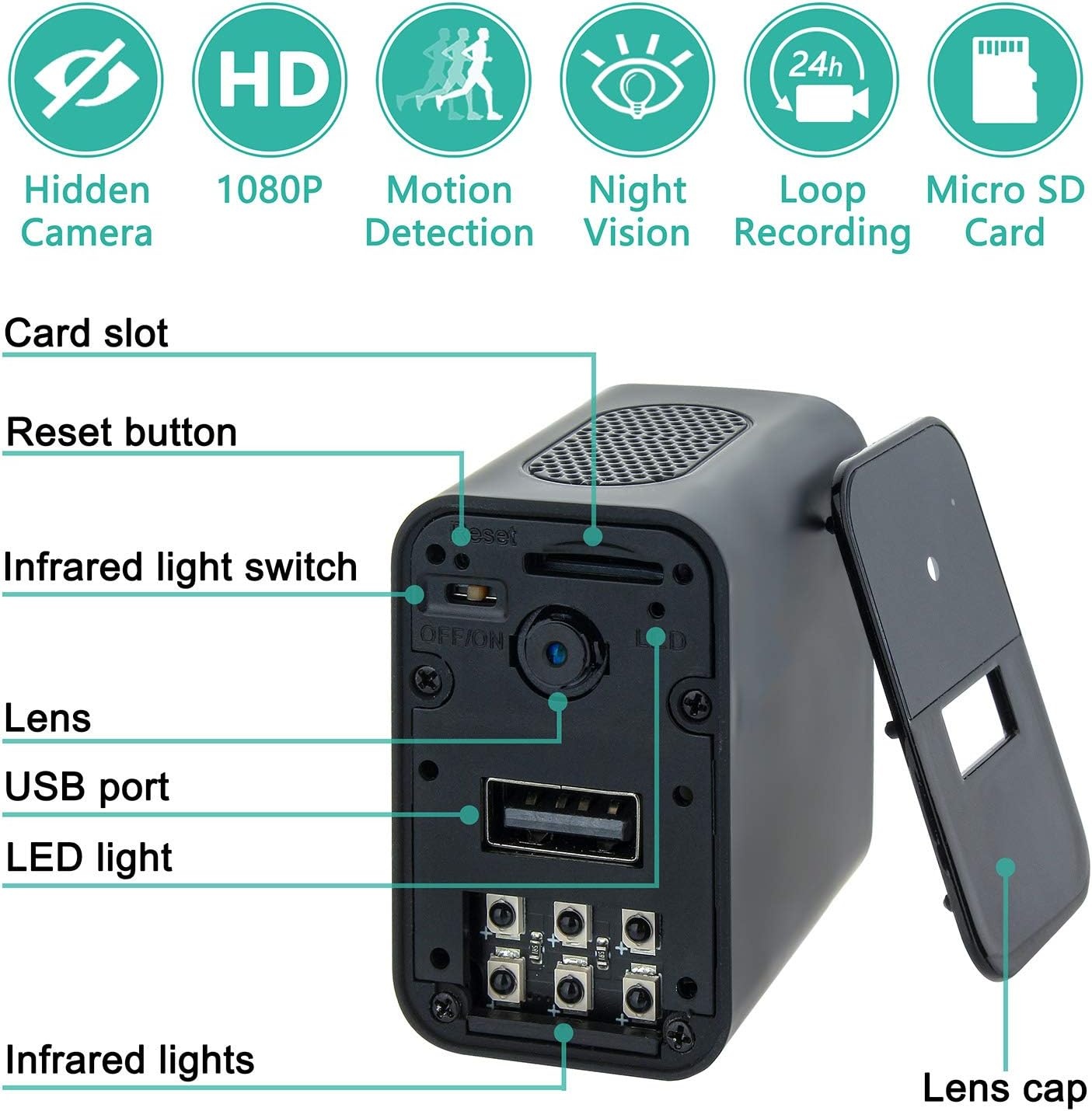 Amyway Mini-bewakingscamera, 32GB 1080P, draagbaar, bewegingssensor, nachtzicht, USB, herbruikbaar