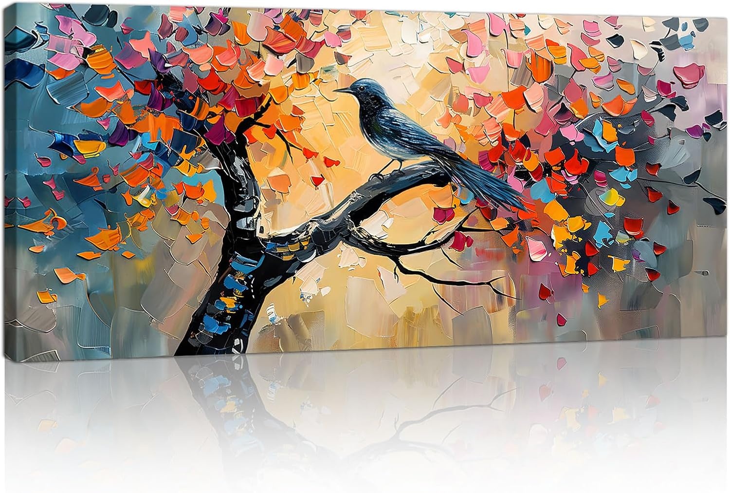 Kleurrijk Levensboom Muurkunst voor Woonkamer, Groot Abstract Bloesem Bomen Vogel Muurschildering Natuur Bloemenboom Canvas Afdrukken Modern Kunstwerk voorSlaapkamer Kantoor Home Decor 120x50cm