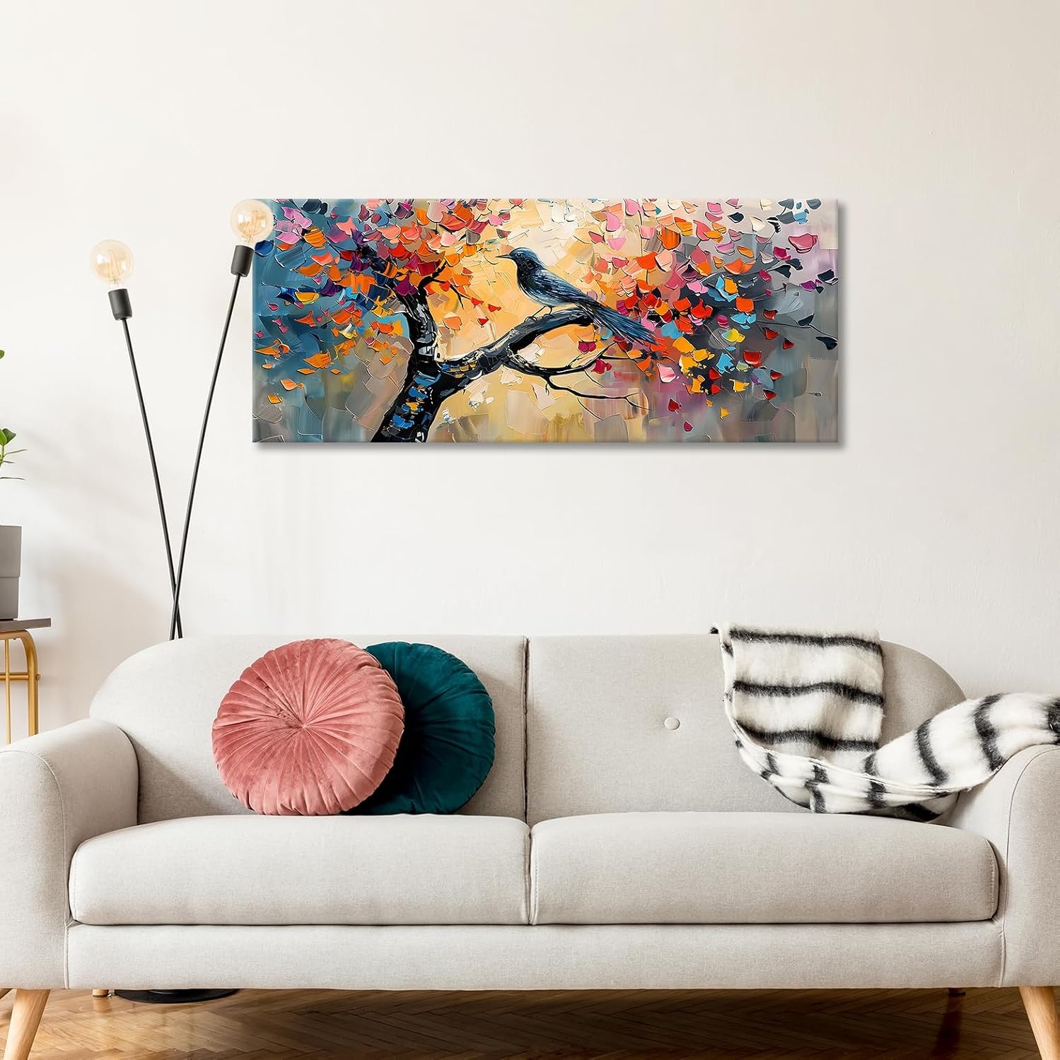 Kleurrijk Levensboom Muurkunst voor Woonkamer, Groot Abstract Bloesem Bomen Vogel Muurschildering Natuur Bloemenboom Canvas Afdrukken Modern Kunstwerk voorSlaapkamer Kantoor Home Decor 120x50cm