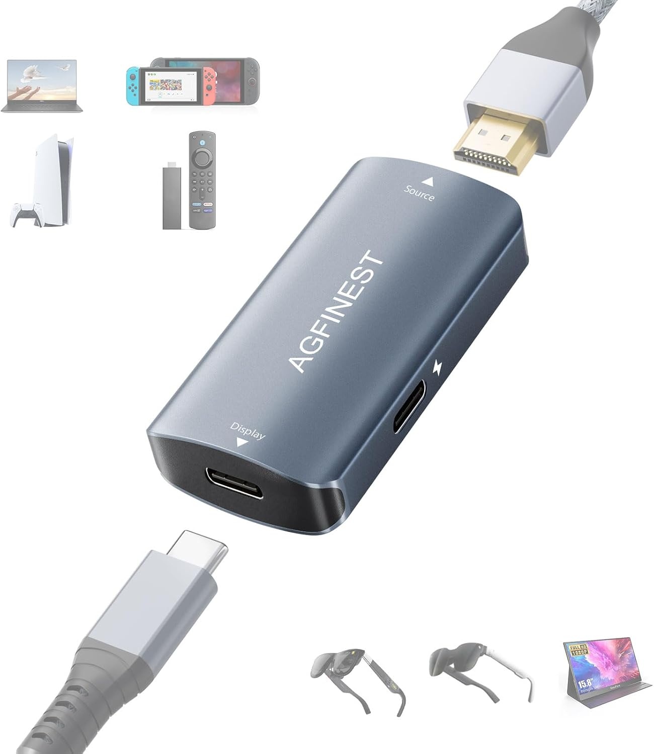 HDMI naar USB C-adapter voor AR-bril - 4K @60Hz HDMI-bron naar USB-C Display Converter, aluminium behuizing, voor PS5/4, Xbox, Switch, laptop, Fire TV Cube naar XREAL, Rokid, RayNeo, Viture, draagbare