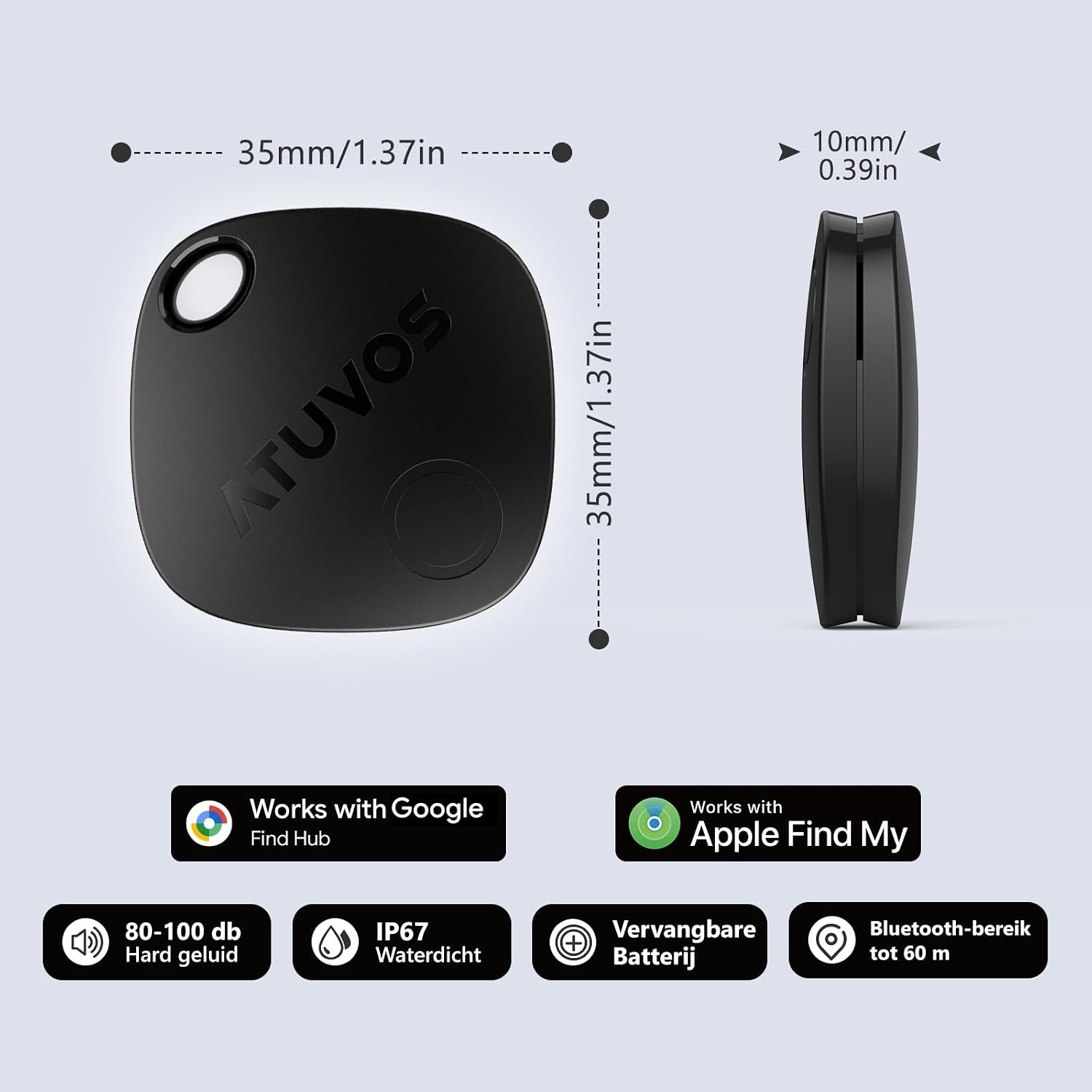 ATUVOS Smart Tag Pro - Bluetooth Tracker voor Apple Zoek mijn & Google Zoek mijn apparaat - 2 Pack