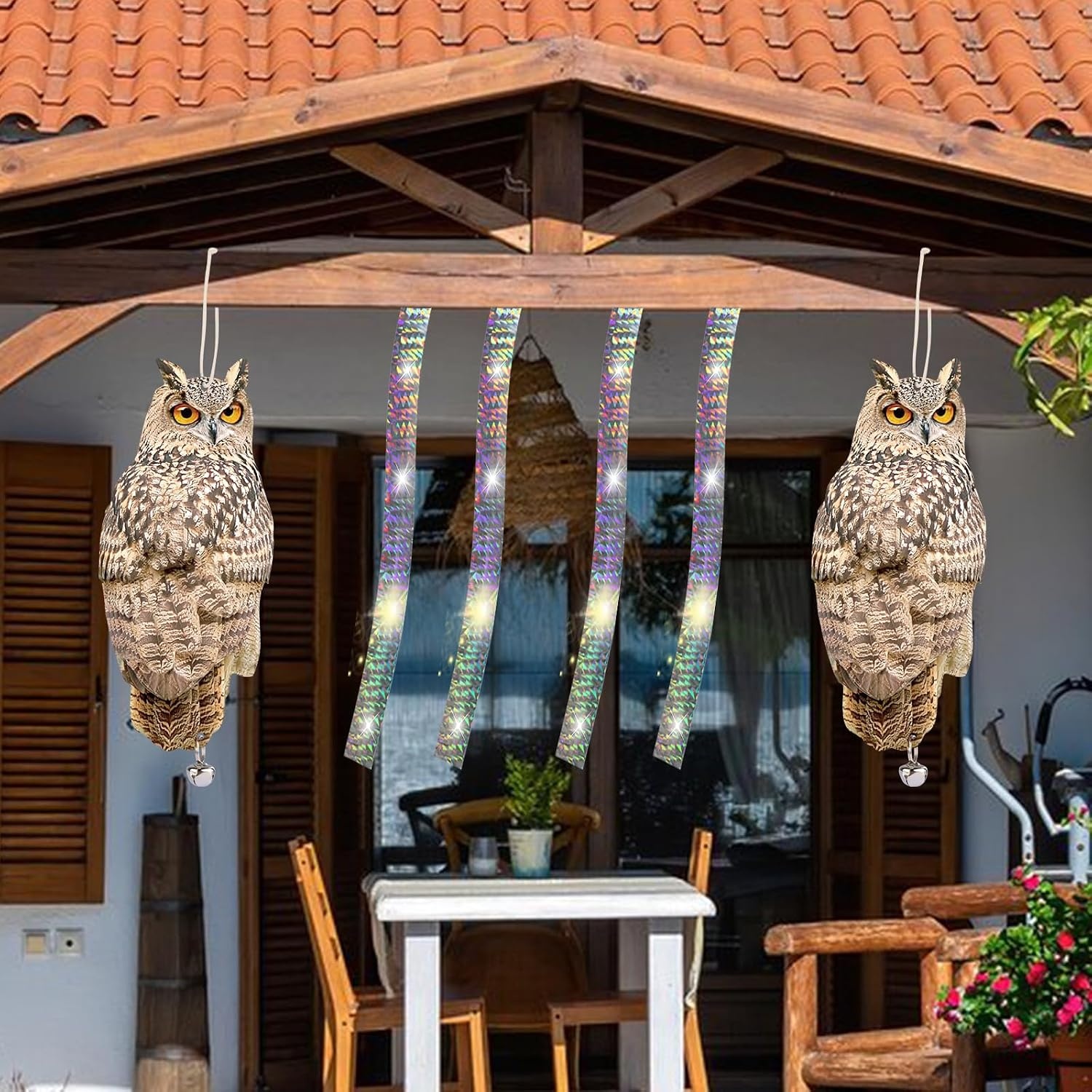 Lifreer 4 STKS Reflecterende Bird Scarer Apparaten Uil Opknoping Decoratie Nep Controle Apparaat met Reflecterende Tape om Vogels Weg Van Tuin Patio Zwembad te schrikken