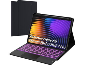 ROOFEI For Xiaomi Pad 7/Pad 7 Pro 11.2 Inch Case with Keyboard: 7-Colour Lighting, Smart Touchpad, Removable QWERTZ Layout Keyboard Case with Pen Holder for Xiaomi Pad 7/Pad 7 Pro 11.2 Inch 2024