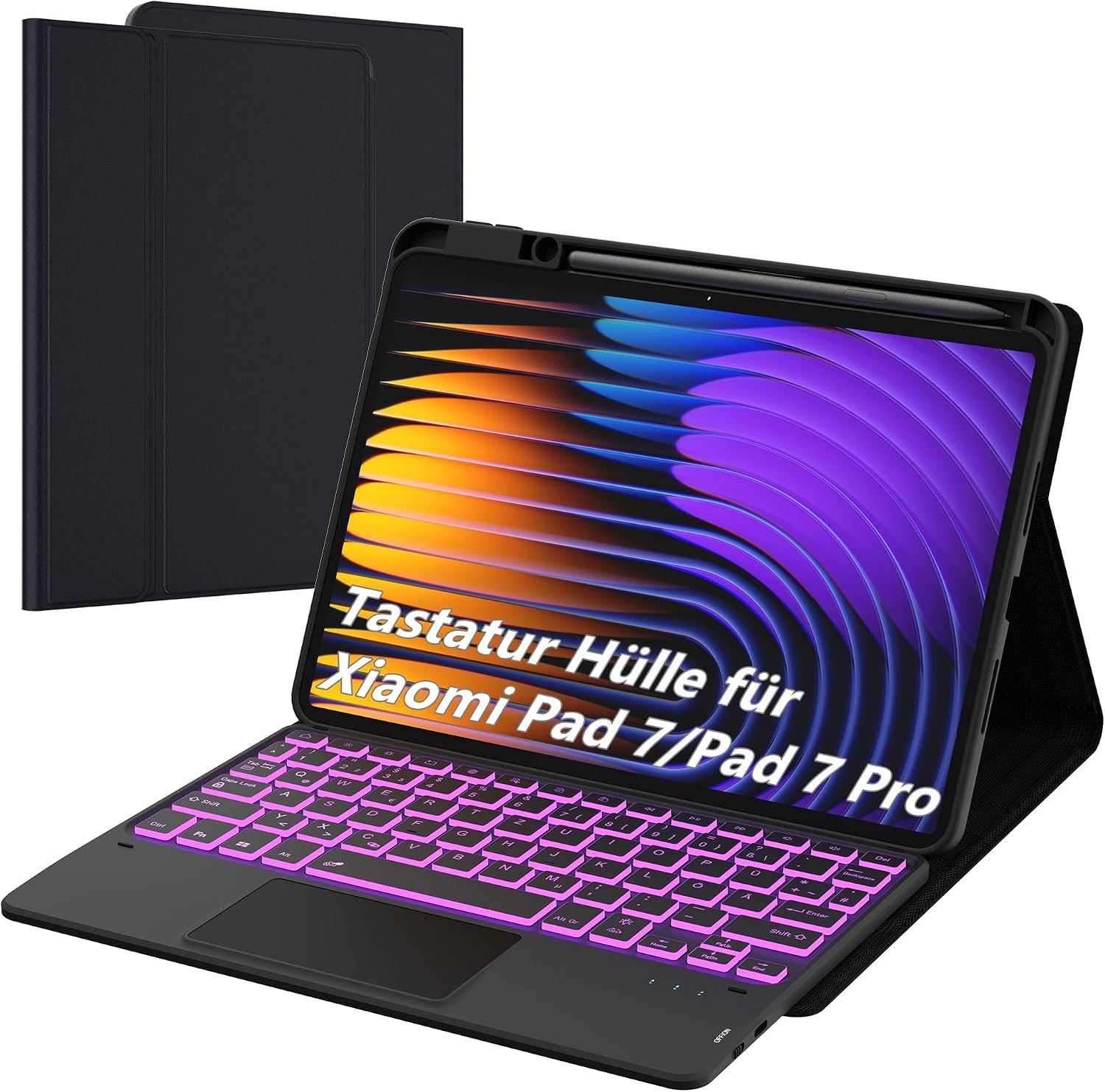 ROOFEI For Xiaomi Pad 7/Pad 7 Pro 11.2 Inch Case with Keyboard: 7-Colour Lighting, Smart Touchpad, Removable QWERTZ Layout Keyboard Case with Pen Holder for Xiaomi Pad 7/Pad 7 Pro 11.2 Inch 2024