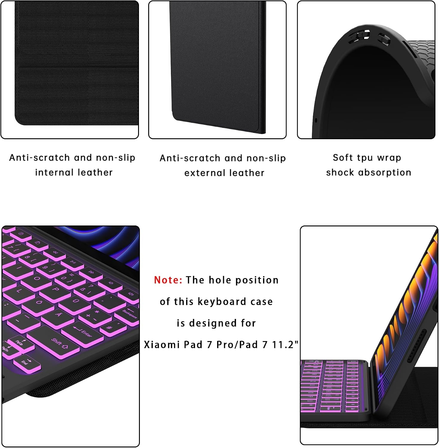 ROOFEI For Xiaomi Pad 7/Pad 7 Pro 11.2 Inch Case with Keyboard: 7-Colour Lighting, Smart Touchpad, Removable QWERTZ Layout Keyboard Case with Pen Holder for Xiaomi Pad 7/Pad 7 Pro 11.2 Inch 2024