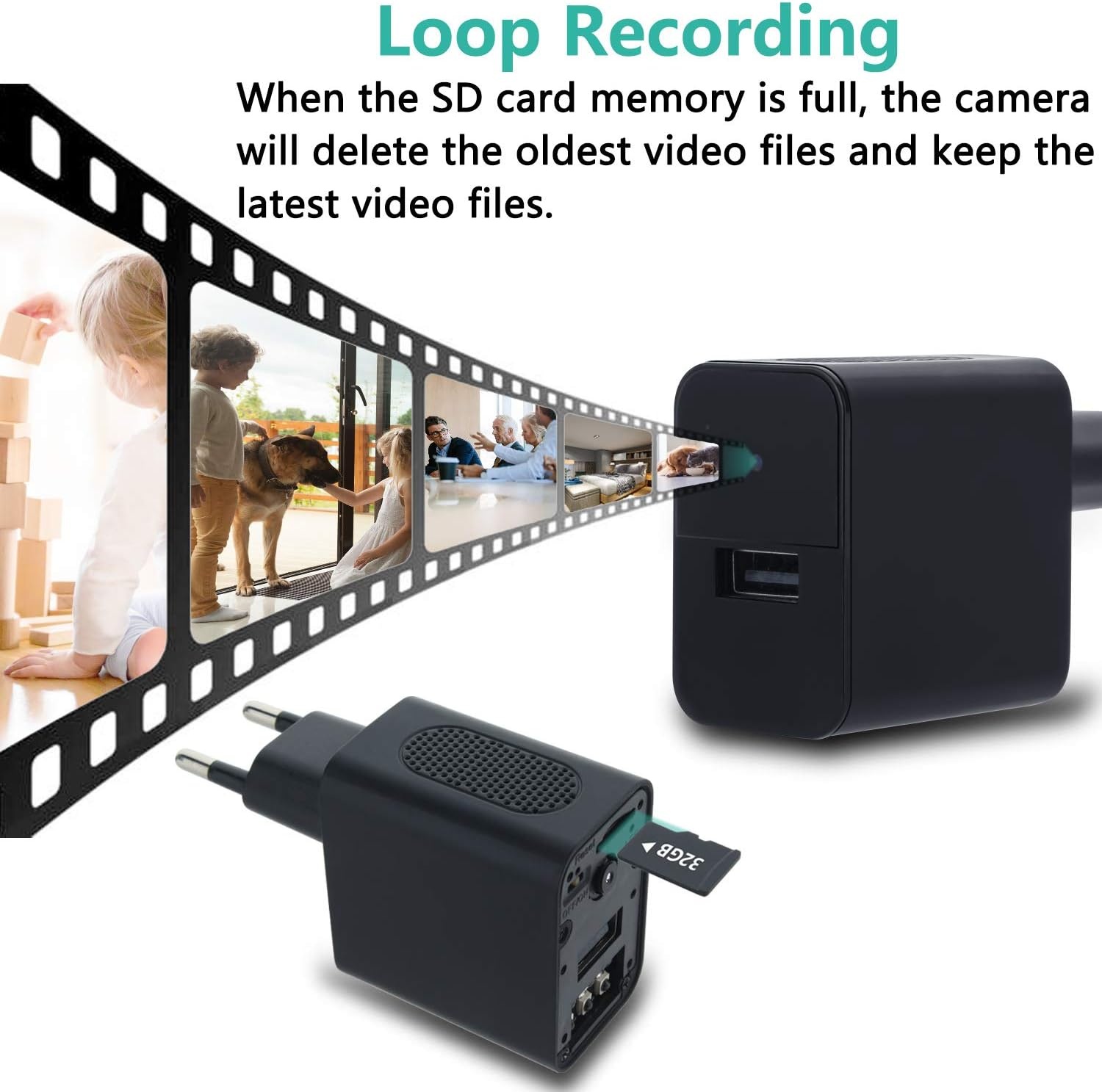 Amyway Mini-bewakingscamera, 32GB 1080P, draagbaar, bewegingssensor, nachtzicht, USB, herbruikbaar