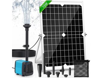 Zonnepomp voor vijver en fontein, 15 W, debiet 720 l/h, 5 m uittrekbare kabel, 4 sproeimodellen en filterzak, ideaal voor vijvers en waterinstallaties