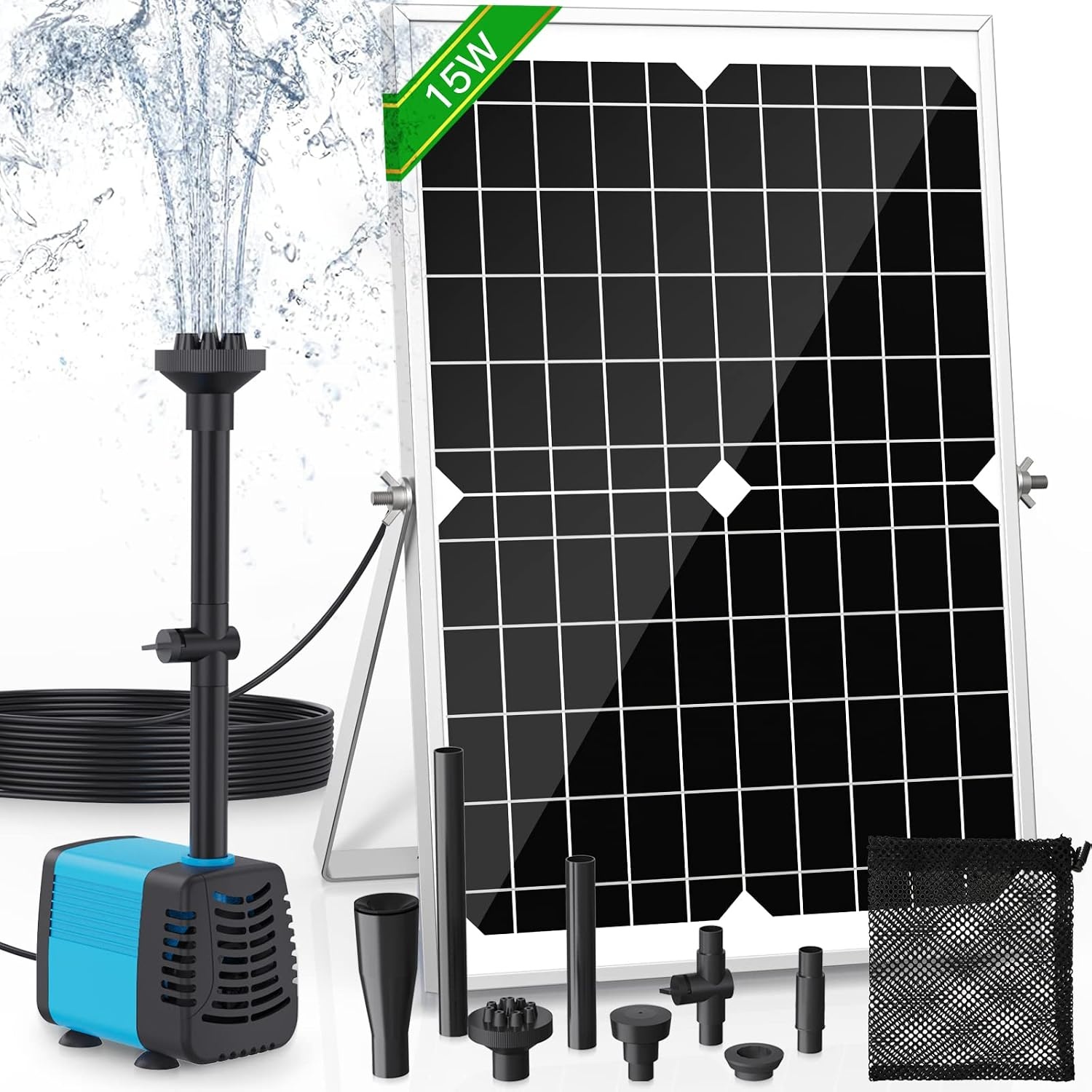 Zonnepomp voor vijver en fontein, 15 W, debiet 720 l/h, 5 m uittrekbare kabel, 4 sproeimodellen en filterzak, ideaal voor vijvers en waterinstallaties
