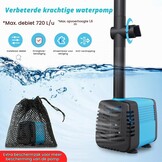 Zonnepomp voor vijver en fontein, 15 W, debiet 720 l/h, 5 m uittrekbare kabel, 4 sproeimodellen en filterzak, ideaal voor vijvers en waterinstallaties